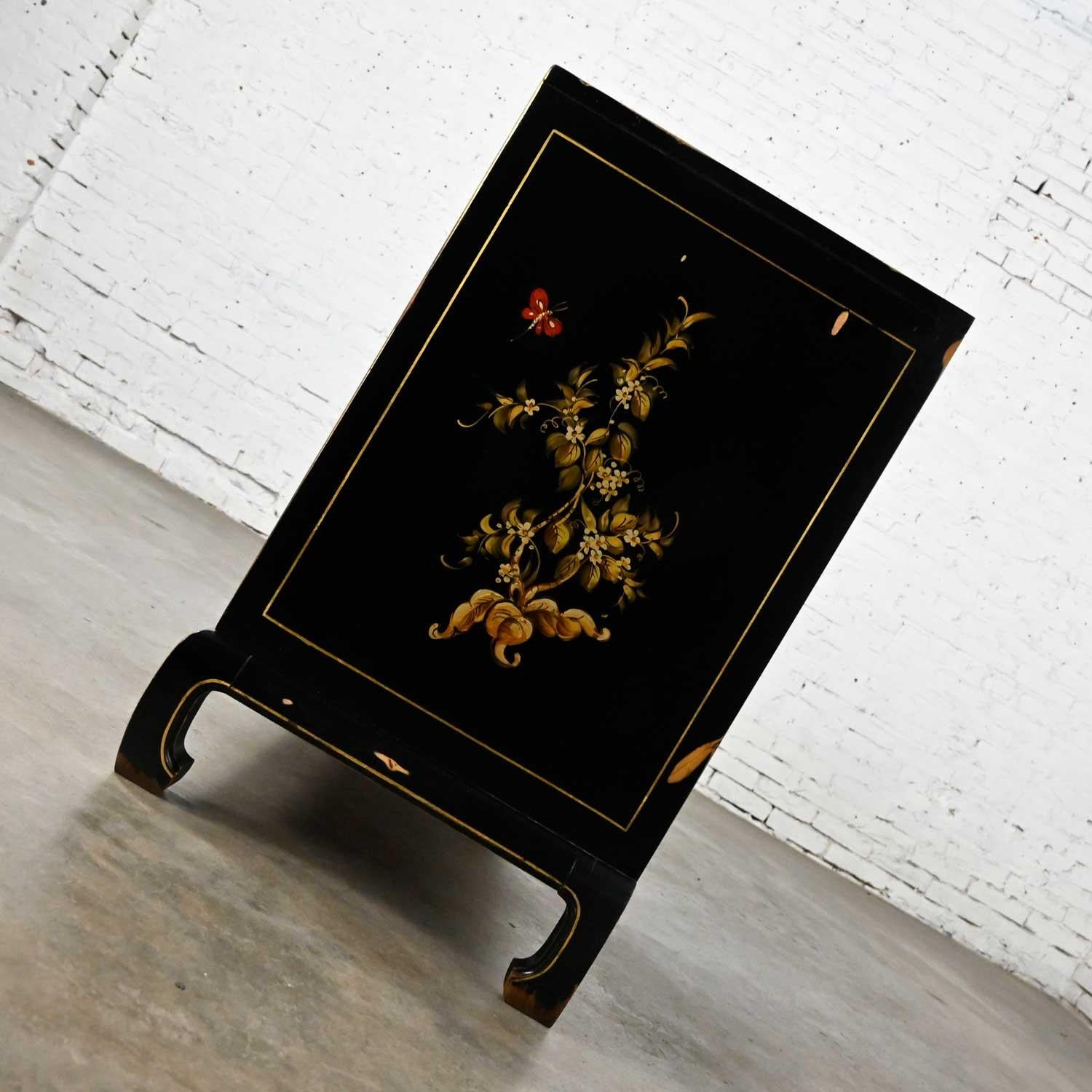 Wood Vintage Union National Chinoiserie Dresser Black W/ Floral Design & Distressing