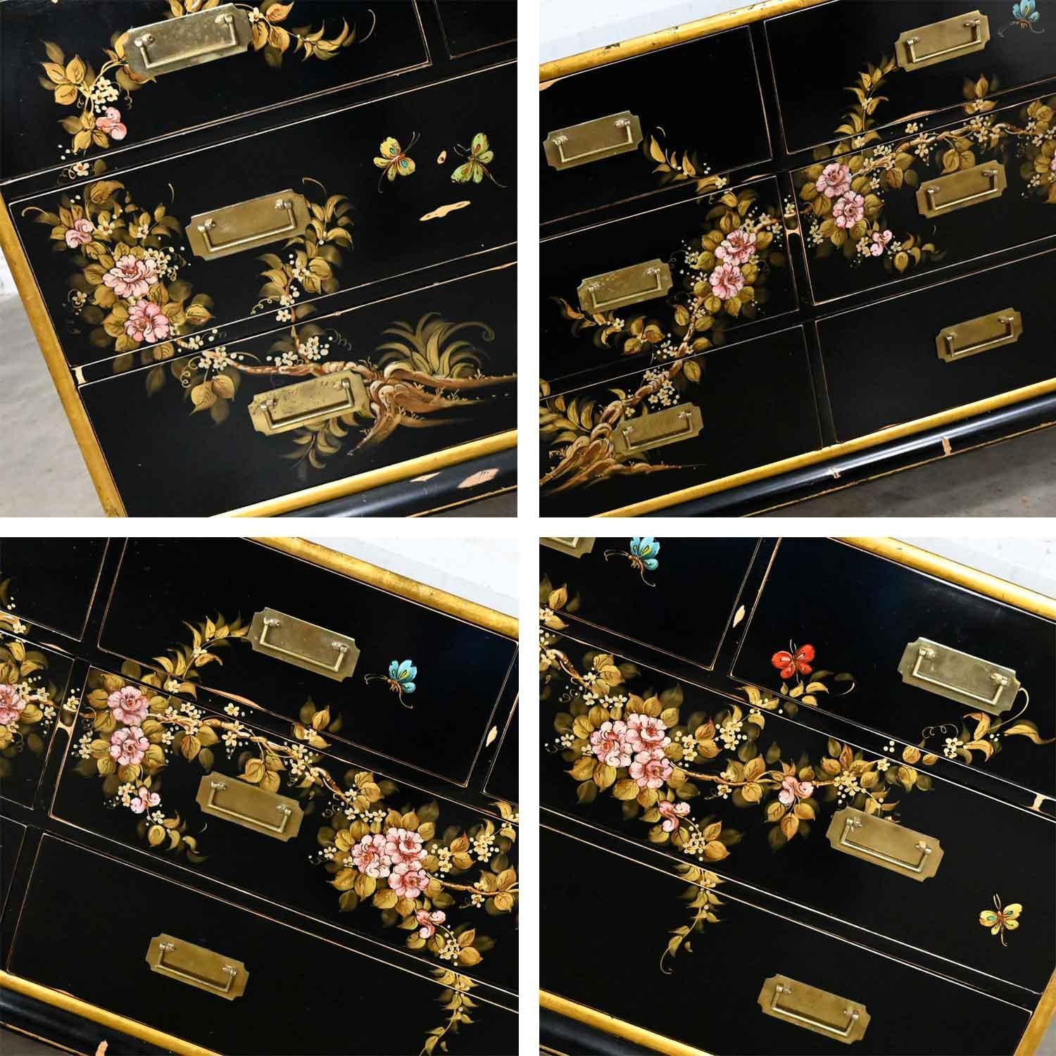 Vintage Union National Chinoiserie Dresser Black W/ Floral Design & Distressing 1