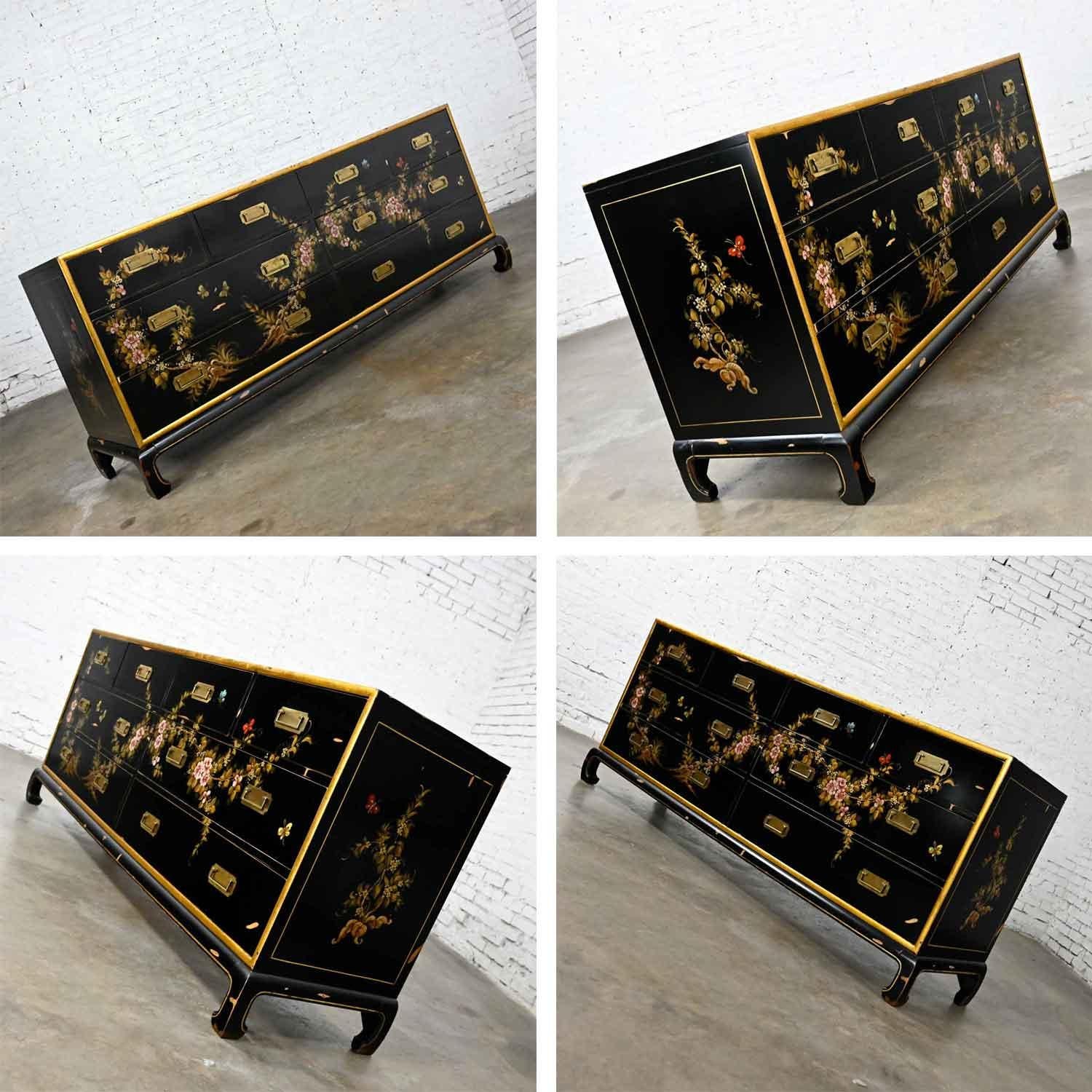 Vintage Union National Chinoiserie Dresser Black W/ Floral Design & Distressing 2