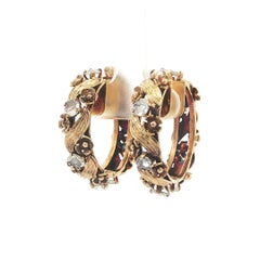 Vintage Unique 14k Gold Rose Cut Diamond Flower Detail Leaf Wreath Hoop Earrings