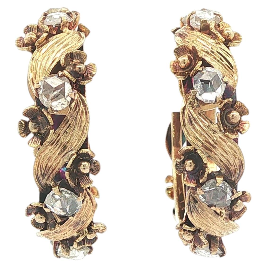 Vintage Unique 14k Gold Rose Cut Diamond Flower Detail Leaf Wreath Hoop Earrings For Sale