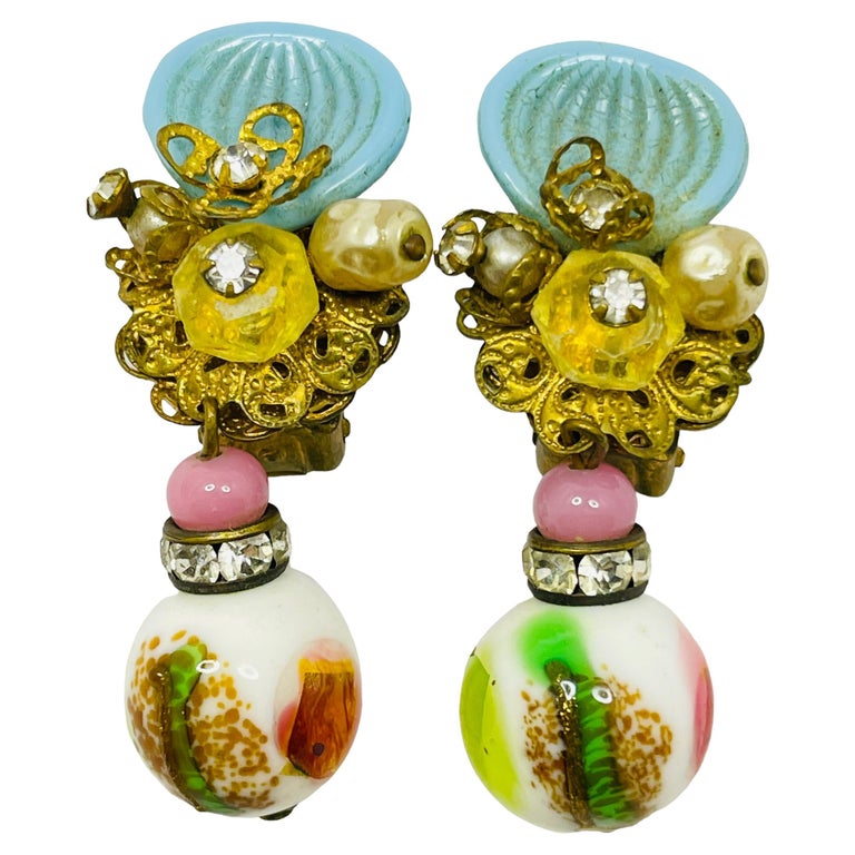 Vintage unique gold glass unsigned designer drop clip on earrings For