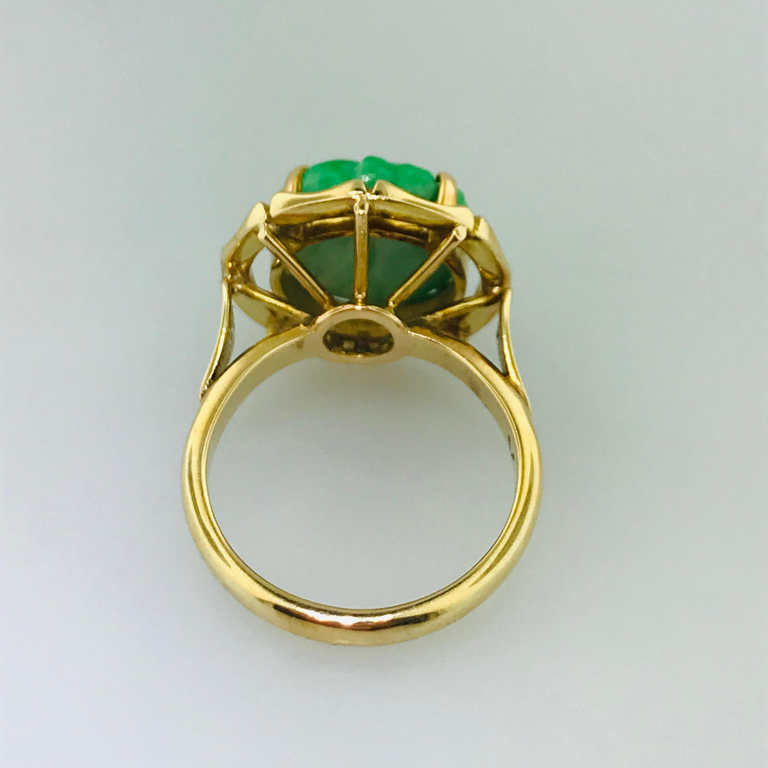 Artisan Vintage, Jade Hand Carved Jadeite Jade Ring in 14 Karat Yellow Gold