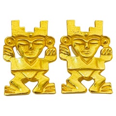 Vintage unique matte gold designer runway pierced earrings