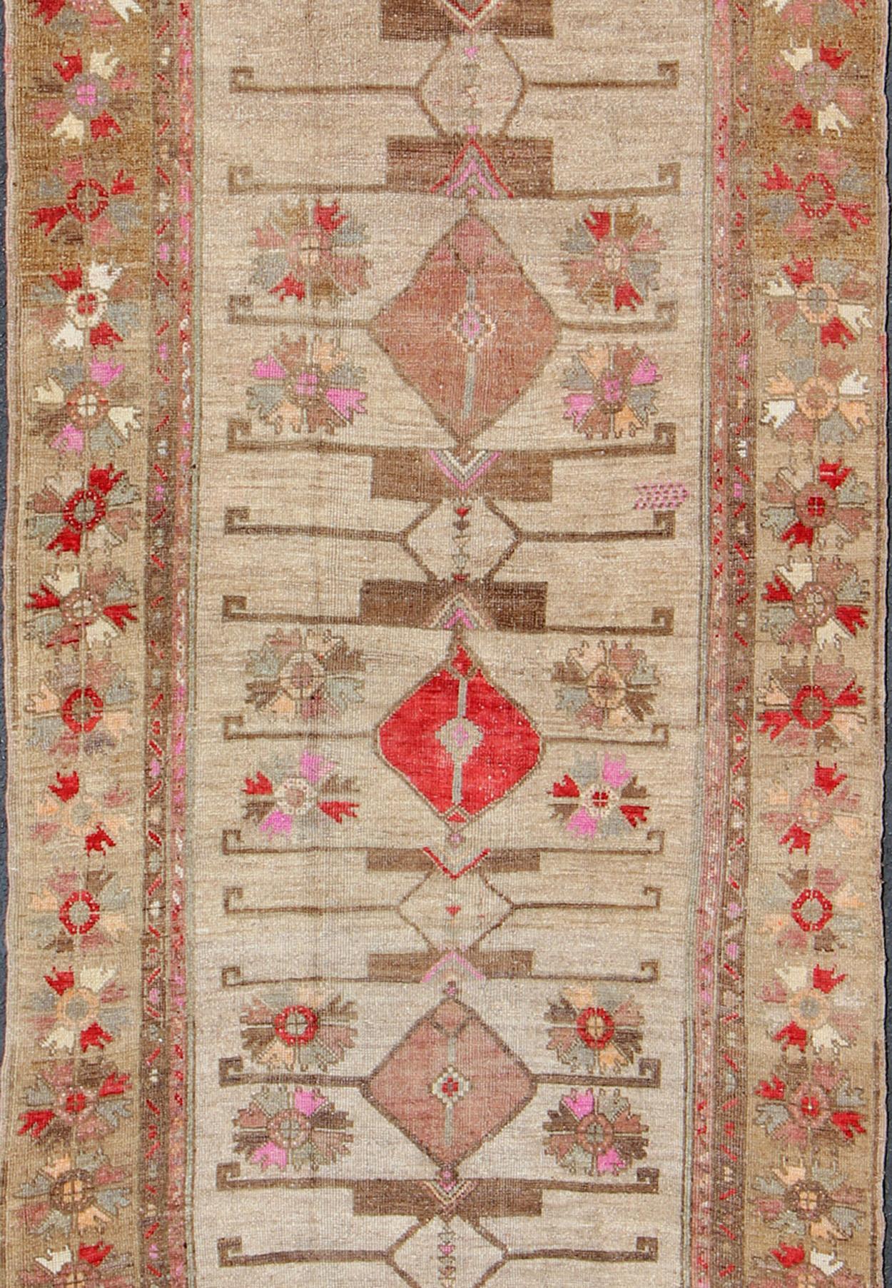 Turkish Vintage Unique Oushak Runner with Tribal Designs and Geometric Motifs For Sale