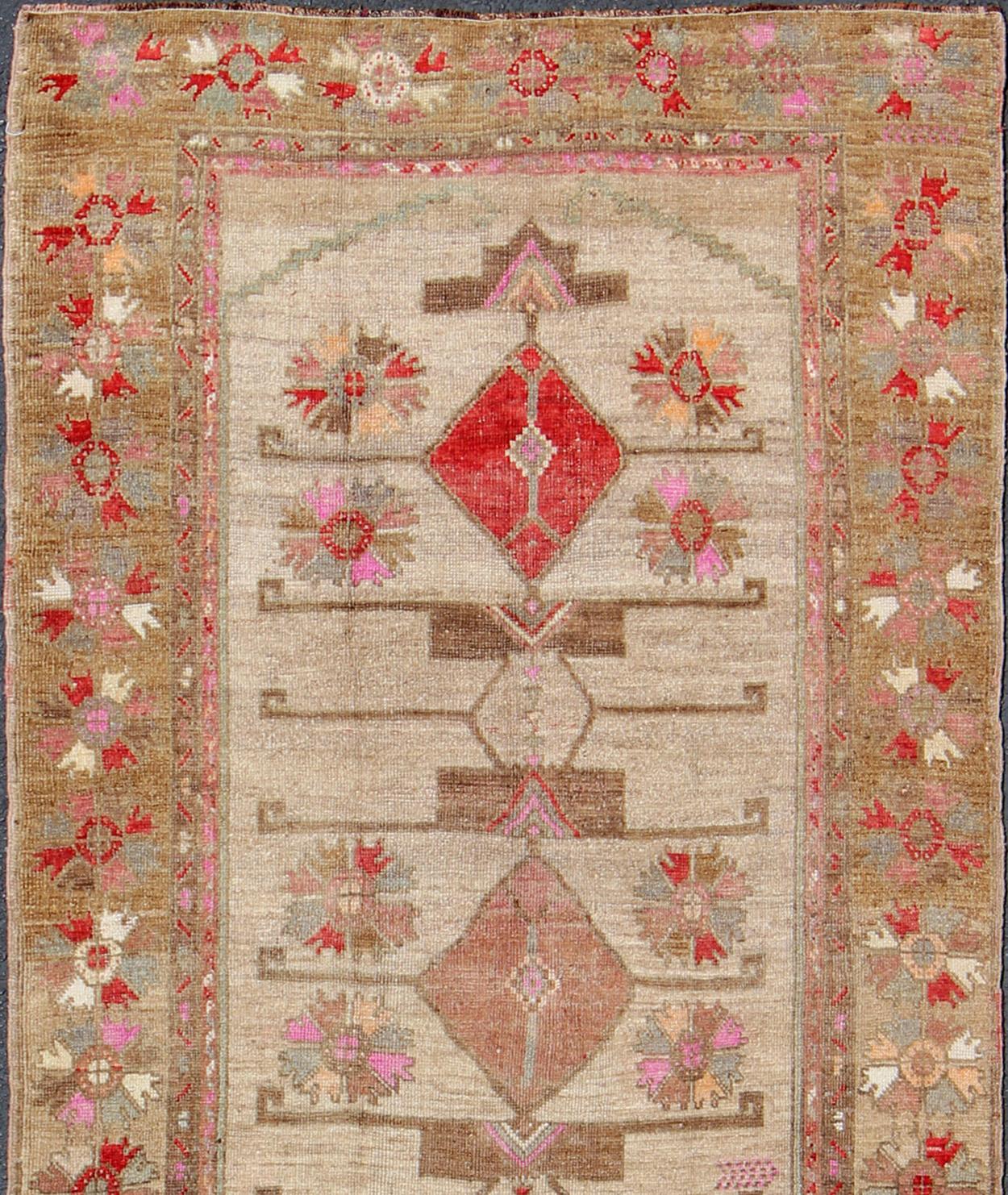 Hand-Knotted Vintage Unique Oushak Runner with Tribal Designs and Geometric Motifs For Sale