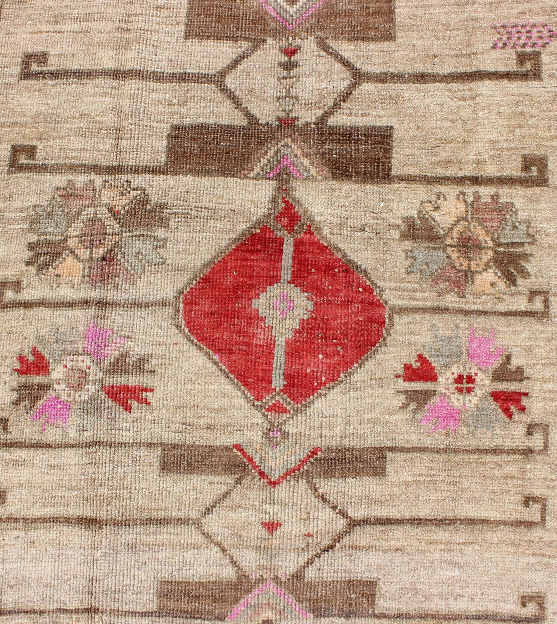 Wool Vintage Unique Oushak Runner with Tribal Designs and Geometric Motifs For Sale