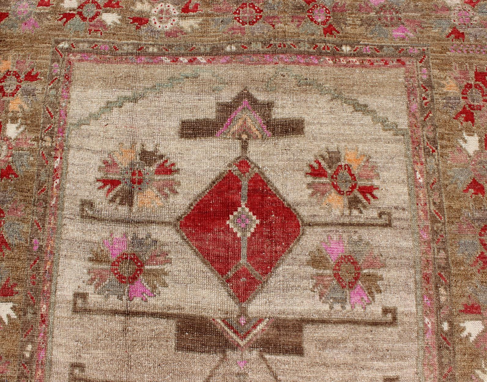 Vintage Unique Oushak Runner with Tribal Designs and Geometric Motifs For Sale 1
