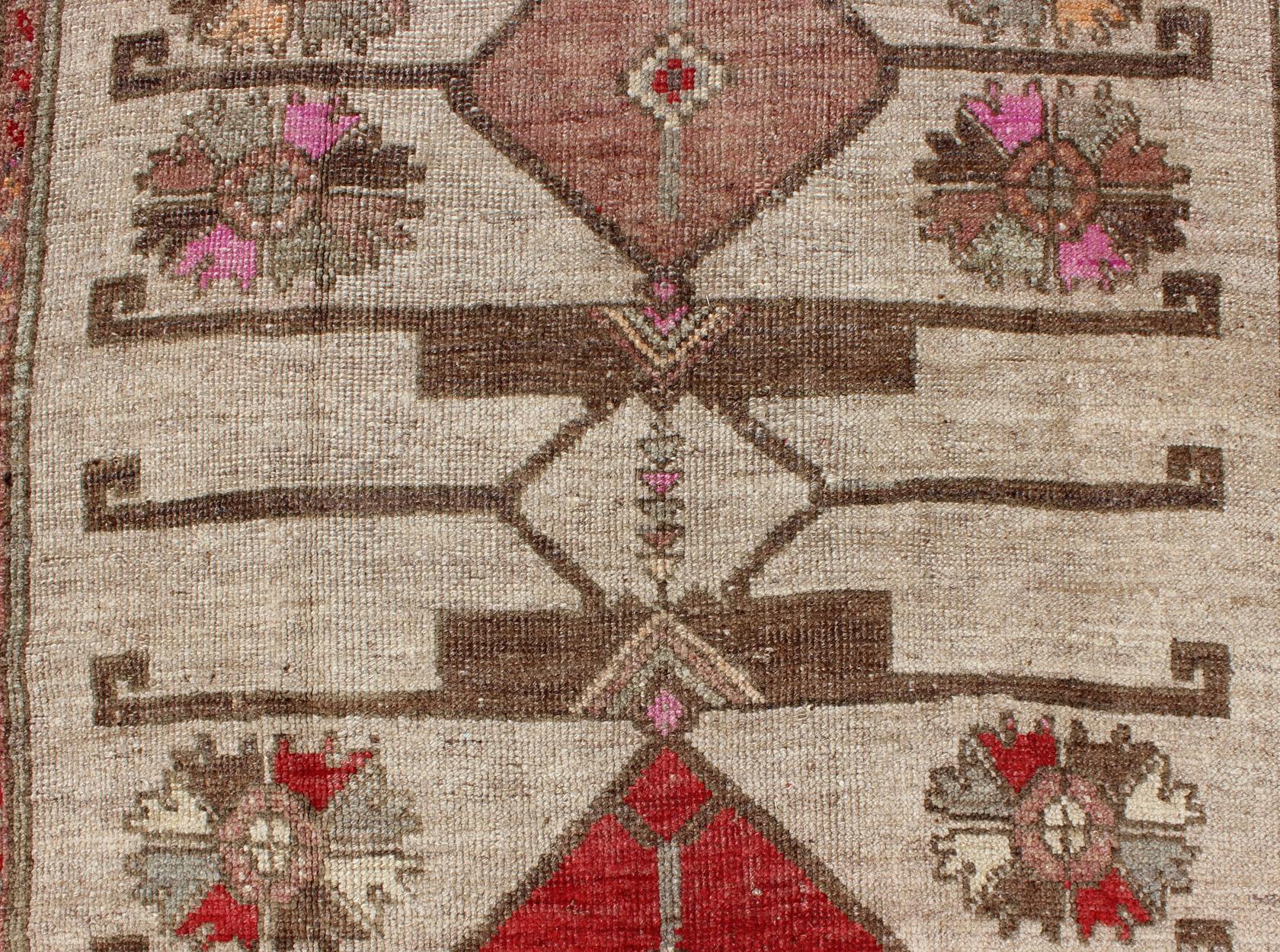 Vintage Unique Oushak Runner with Tribal Designs and Geometric Motifs For Sale 2
