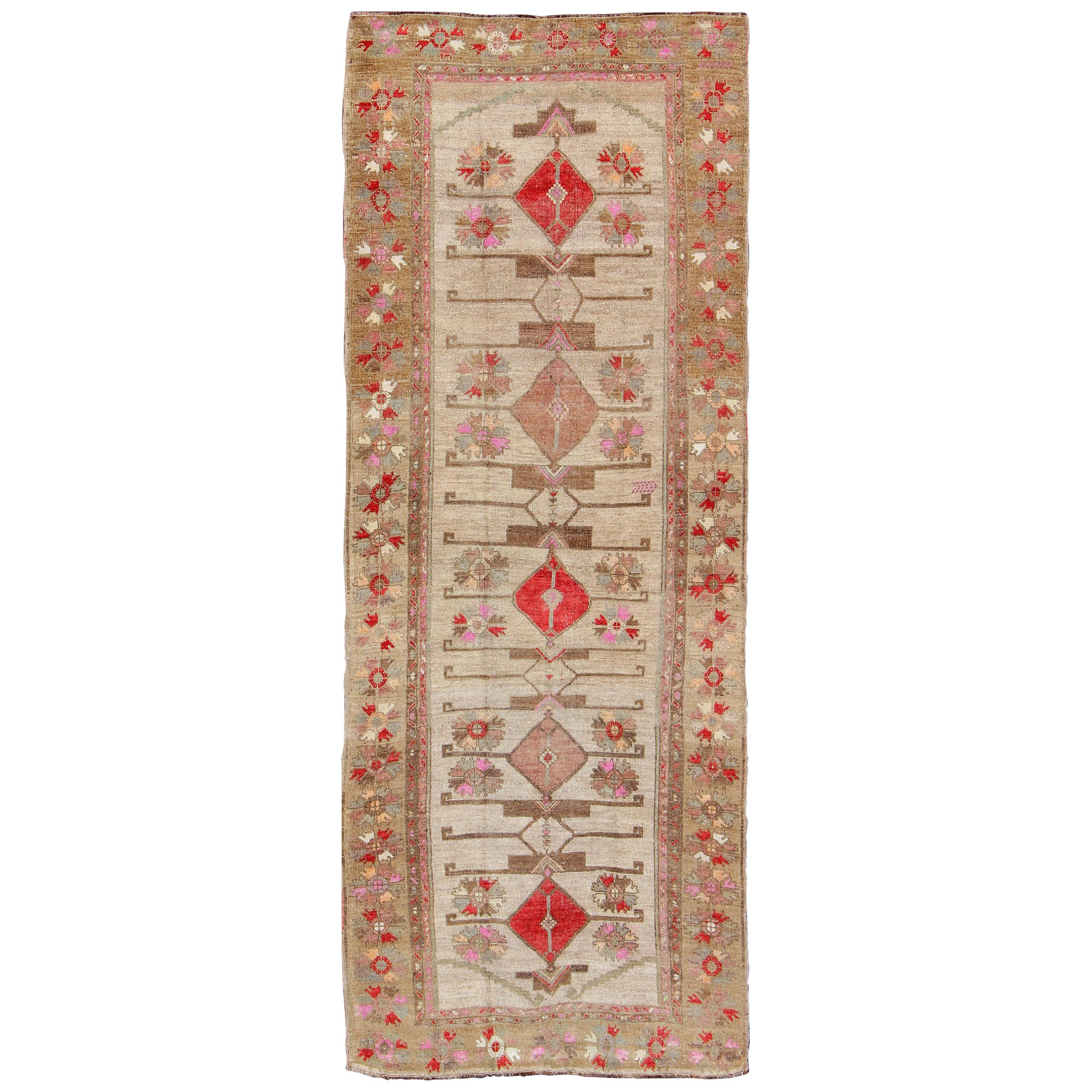 Vintage Unique Oushak Runner with Tribal Designs and Geometric Motifs For Sale