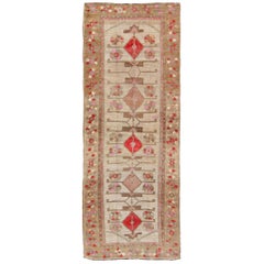Vintage Unique Oushak Runner with Tribal Designs and Geometric Motifs