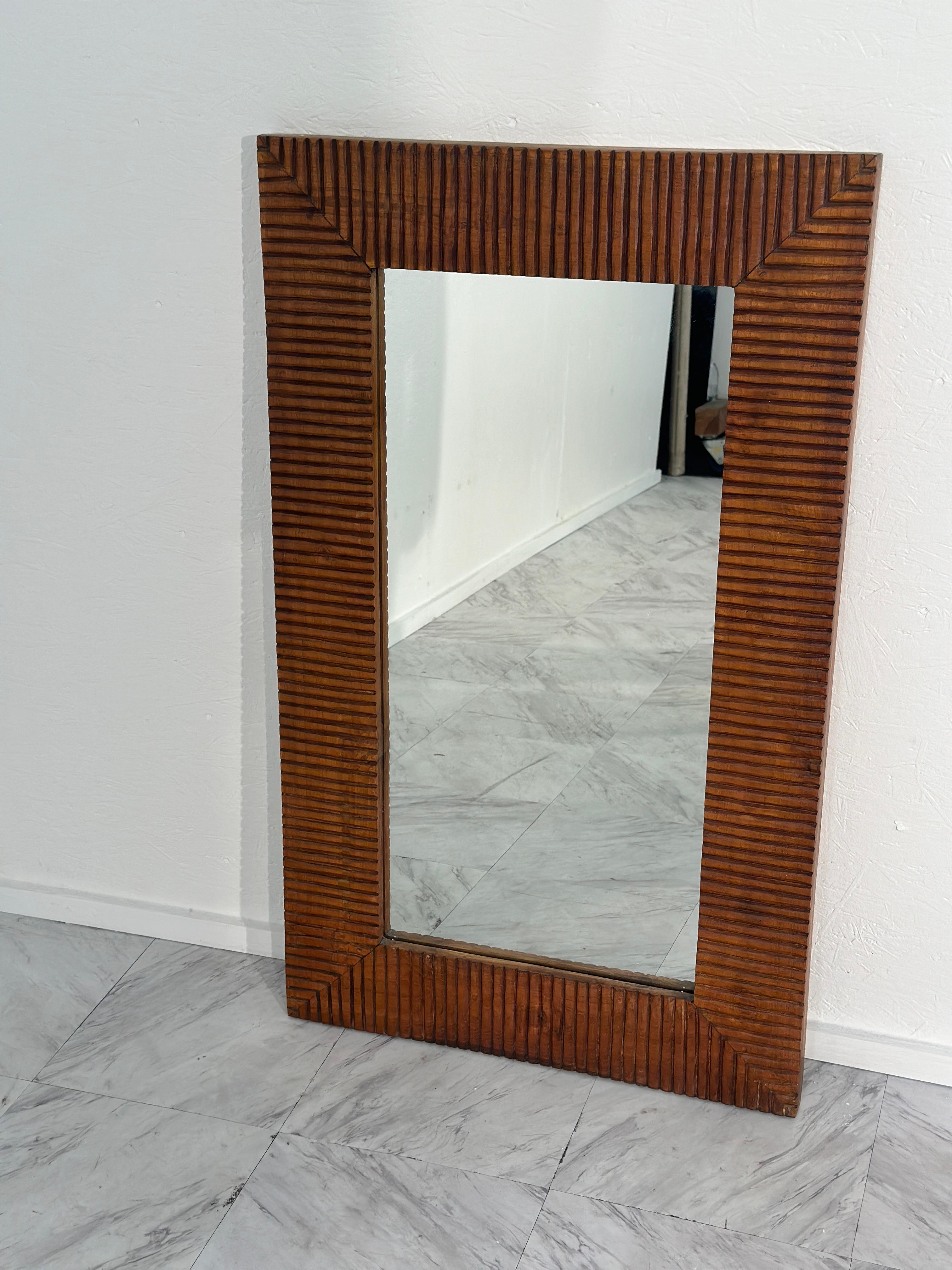 Italian Vintage Unique Rectangular Wood Wall Mirror 1980s For Sale