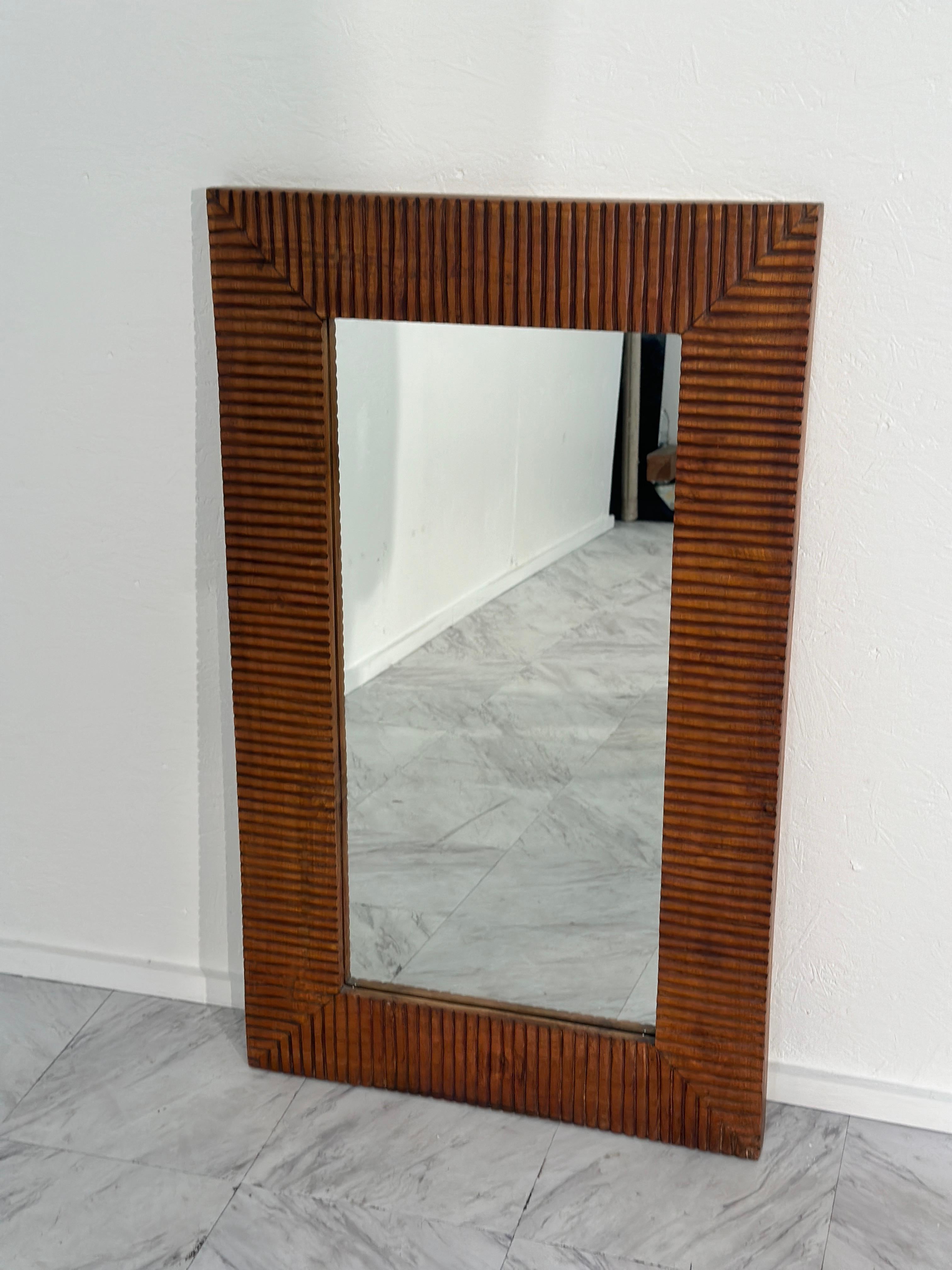 Vintage Unique Rectangular Wood Wall Mirror 1980s In Good Condition For Sale In Los Angeles, CA
