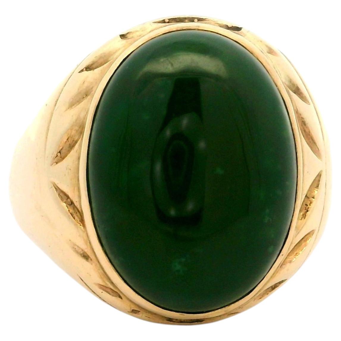 Vintage Unisex 10k Yellow Gold Oval Dark Cabochon Jade Bezel Solitaire Ring