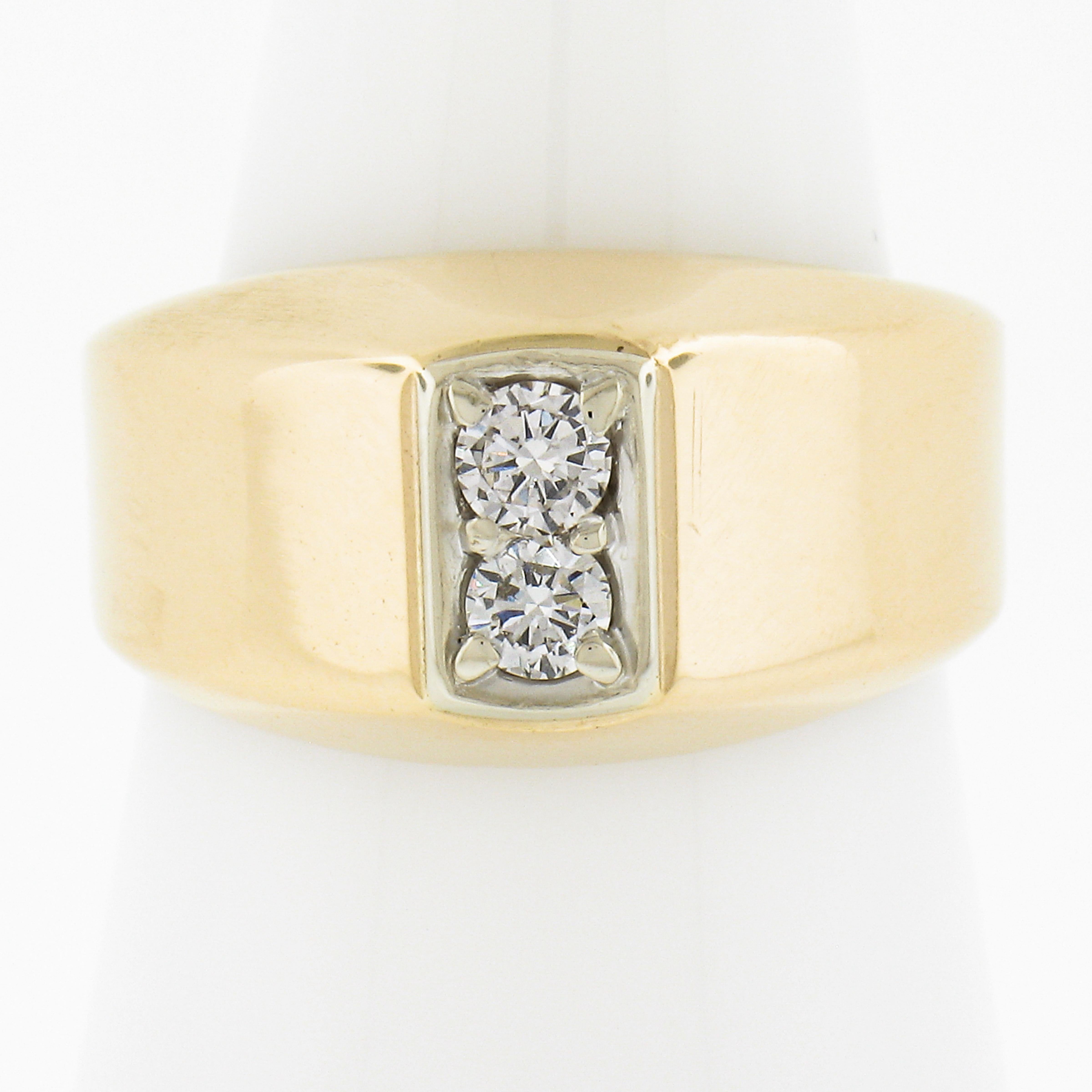 --Stone(s):--
(2) Natural Genuine Diamonds - Round Brilliant Cut - Pave Set - H-J Color - VS1/VS2 Clarity
Total Carat Weight: 0.24 (approx.)

Material: Solid 14k Yellow Gold w/ White Gold Top
Weight: 6.18 Grams
Ring Size: 7.0 (We can custom size