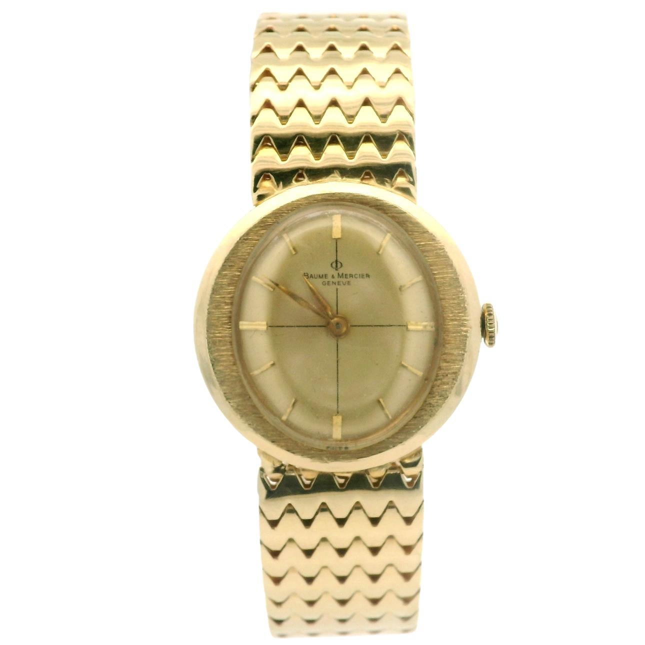 Vintage Unisex 14k Yellow Gold Baume & Mercier Mechanical Wrist Watch Bracelet en vente 2