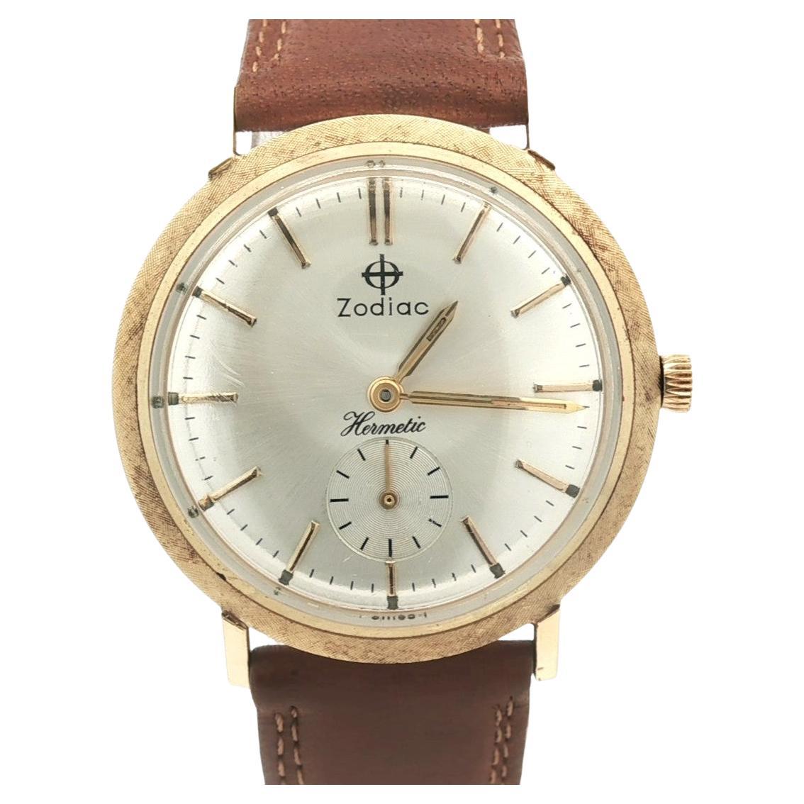 Vintage Unisex 14k Gelbgold Zodiac Hermetic 33mm mechanische Schweizer Armbanduhr