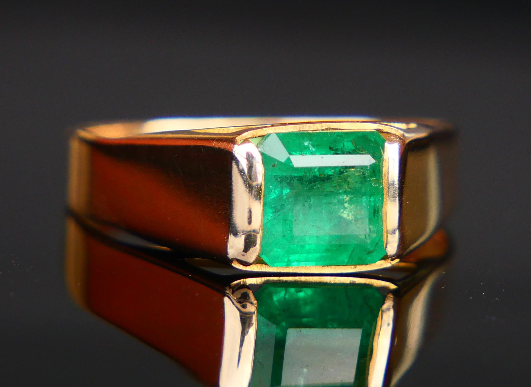 Vintage Unisex Ring natürlich 1.5ct Smaragd massiv 18K Gelbgold Ø US8.5 / 2.7gr (Retro) im Angebot