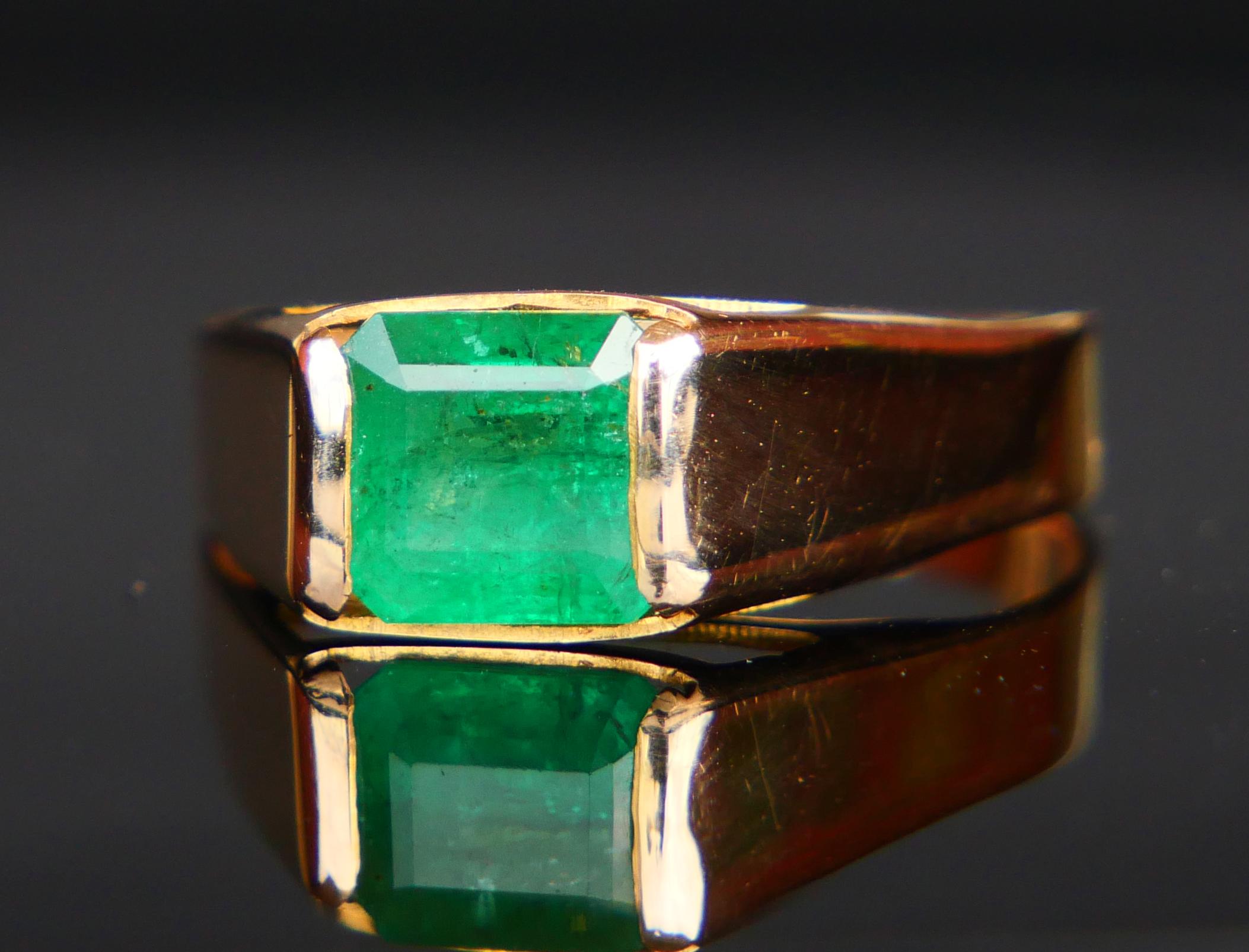 Vintage Unisex Ring natürlich 1.5ct Smaragd massiv 18K Gelbgold Ø US8.5 / 2.7gr im Angebot 2