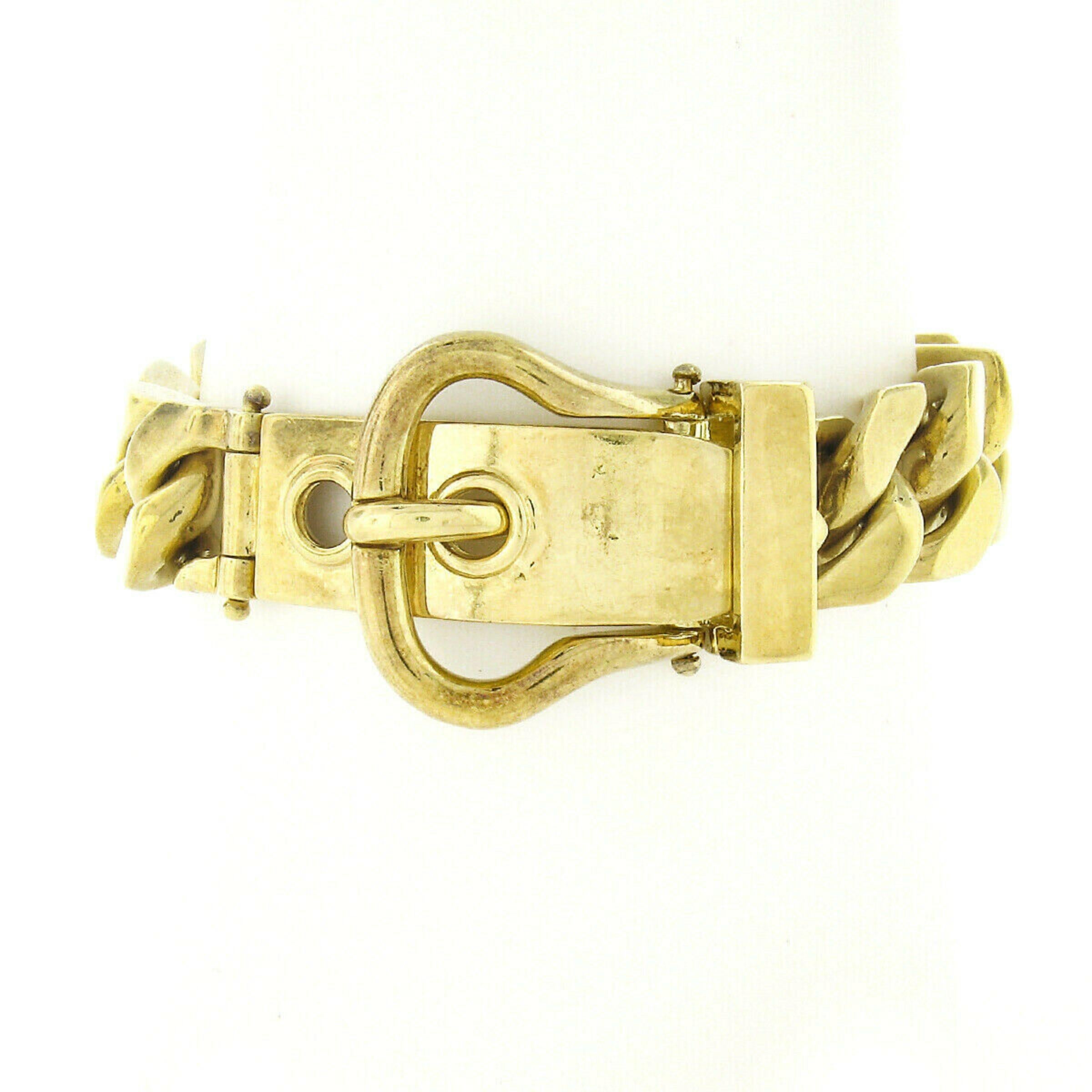Vintage Unisex Solid 18k Gold Heavy Cuban Curb Link Chain & Buckle Bracelet In Good Condition In Montclair, NJ