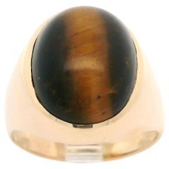 Anello solitario vintage unisex in oro giallo massiccio con castone occhio di tigre grande