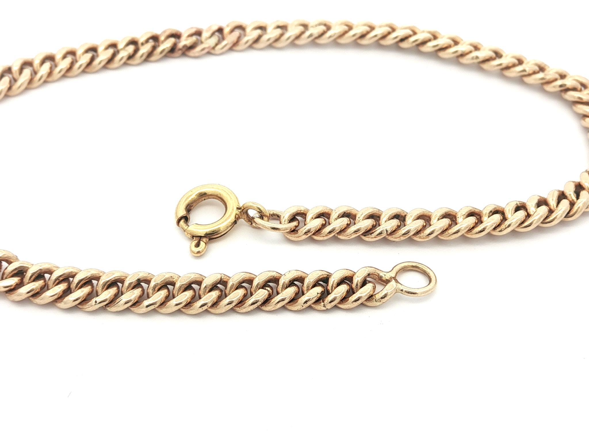 Material: Toda la pulsera es de oro amarillo macizo de 14 quilates (el cierre de resorte no es de oro)
Peso: 7.35 gramos
Tipo de cadena: Curb Cuban Link
Longitud de la cadena: 7 pulgadas (medida junto a una regla)
Ancho de cadena:	3.7mm