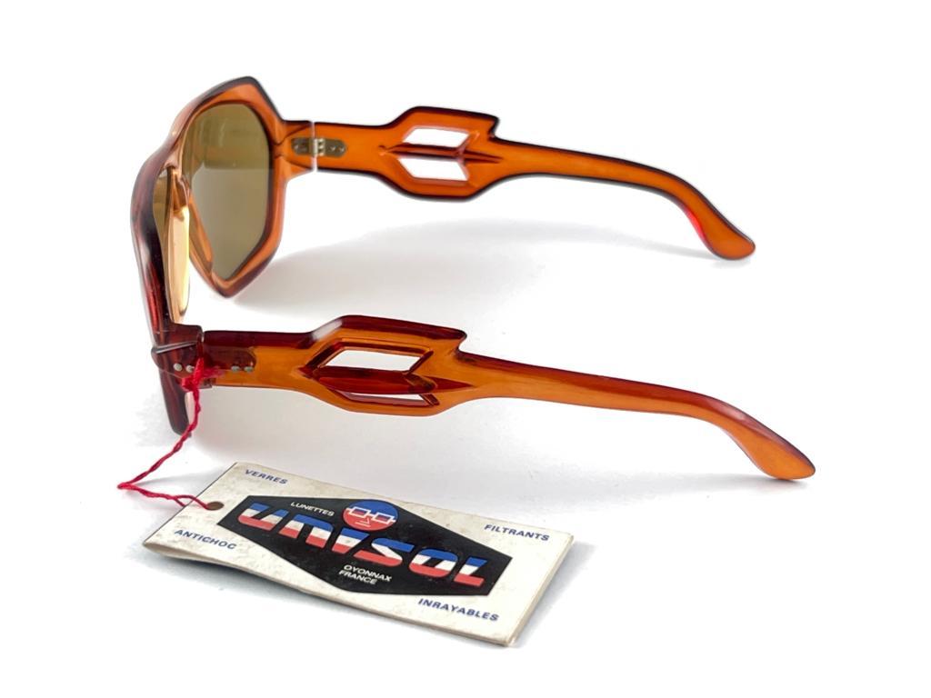 Women's or Men's Vintage Unisol Oversized Translucent Honey 1970'S Sunglasses Made In France For Sale
