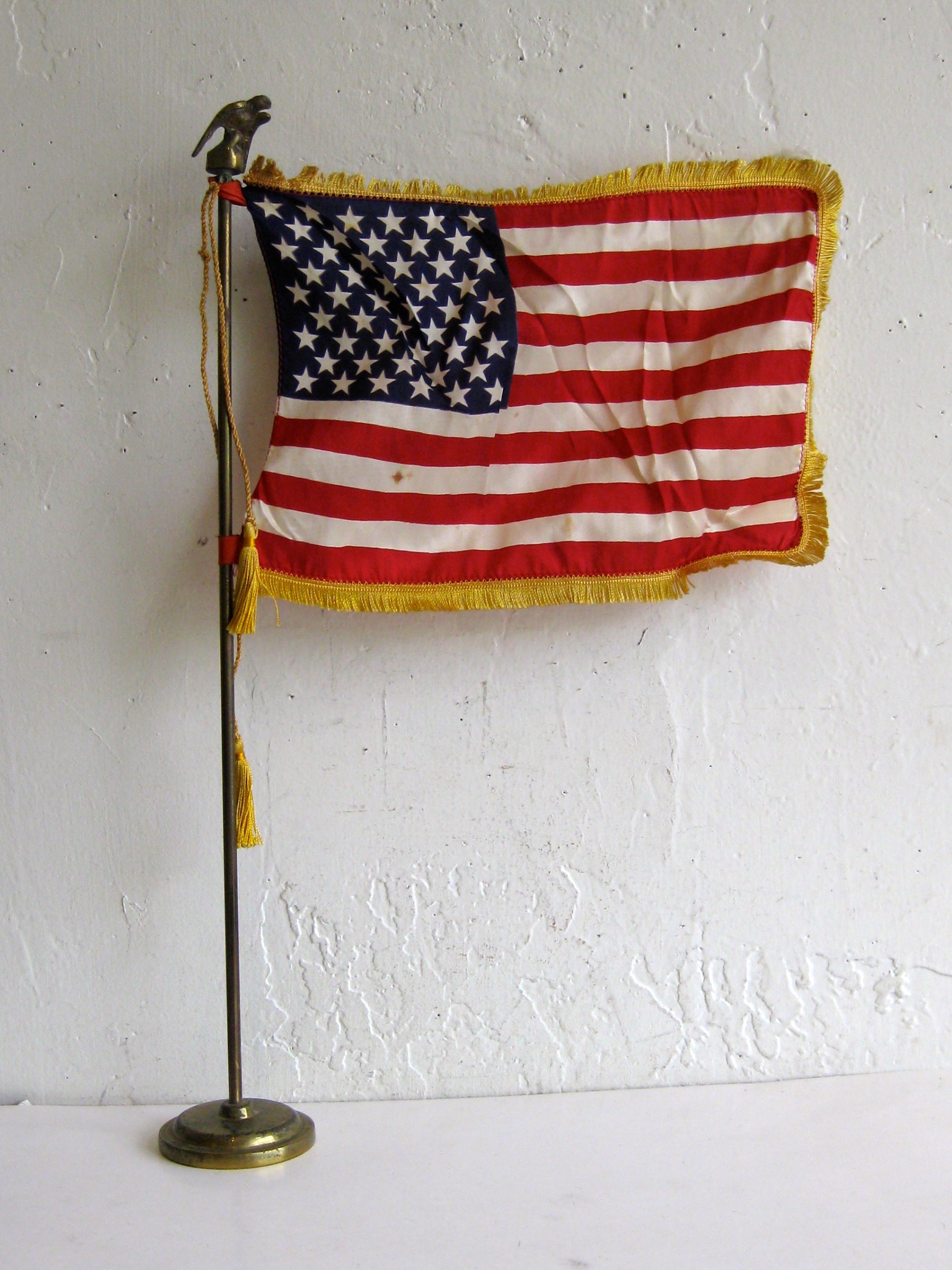 Vintage United States Military Desk 50 Star American Silk Flag on Brass Flagpole 6