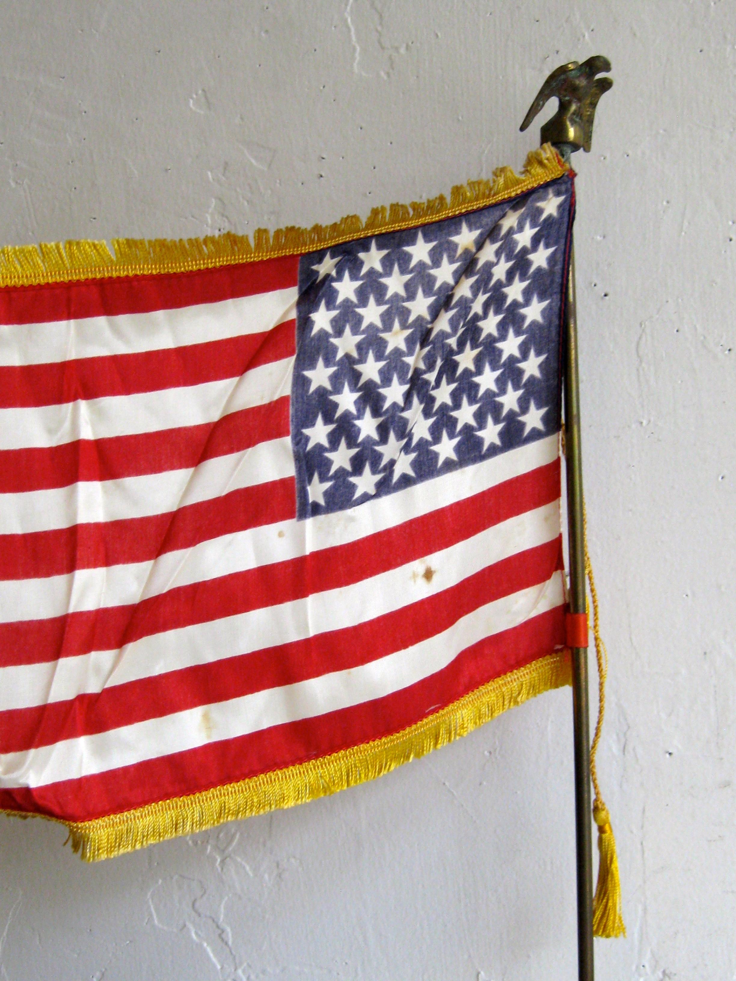Vintage United States Military Desk 50 Star American Silk Flag on Brass Flagpole 10