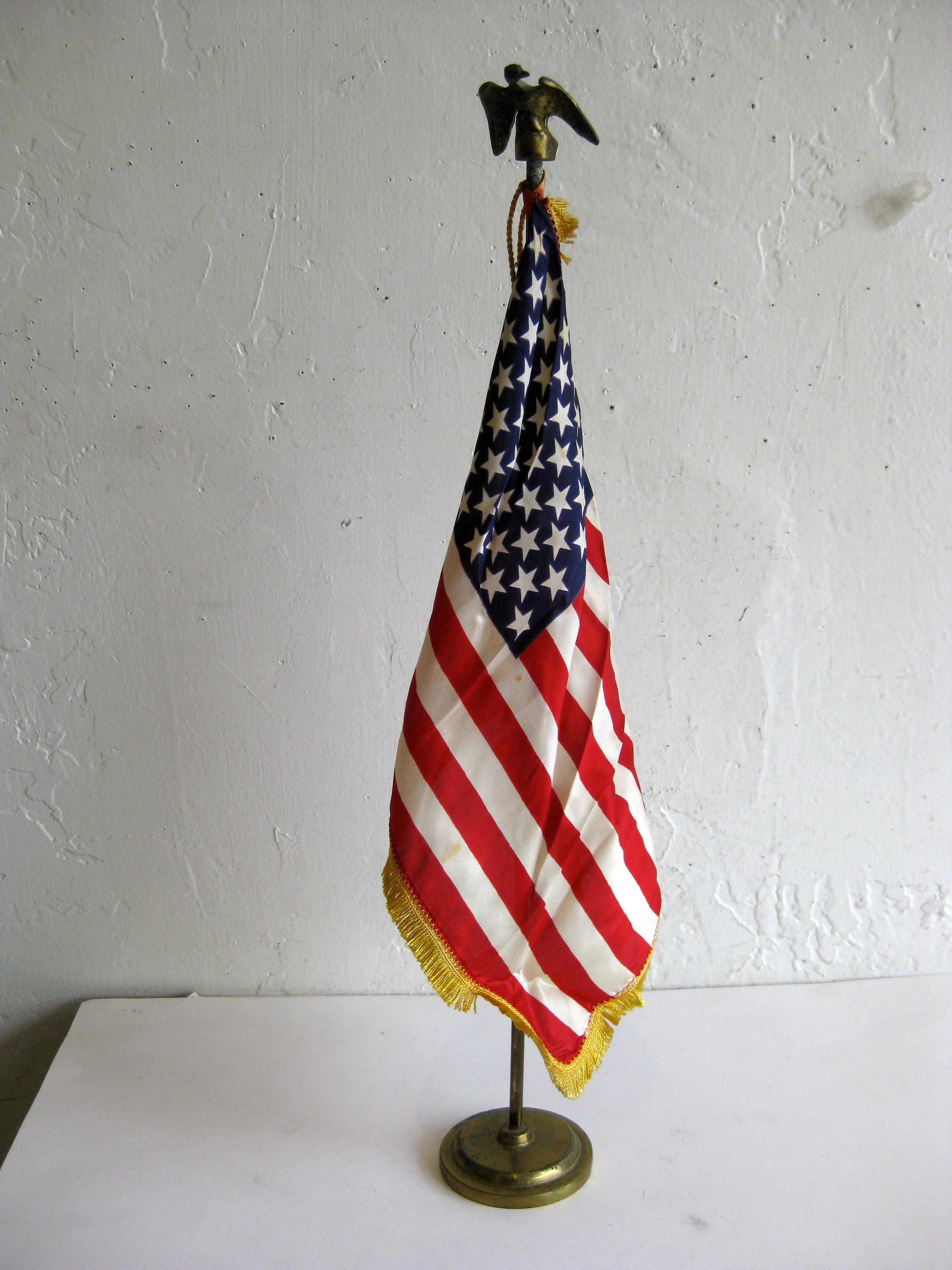 Vintage United States Military Desk 50 Star American Silk Flag on Brass Flagpole 12