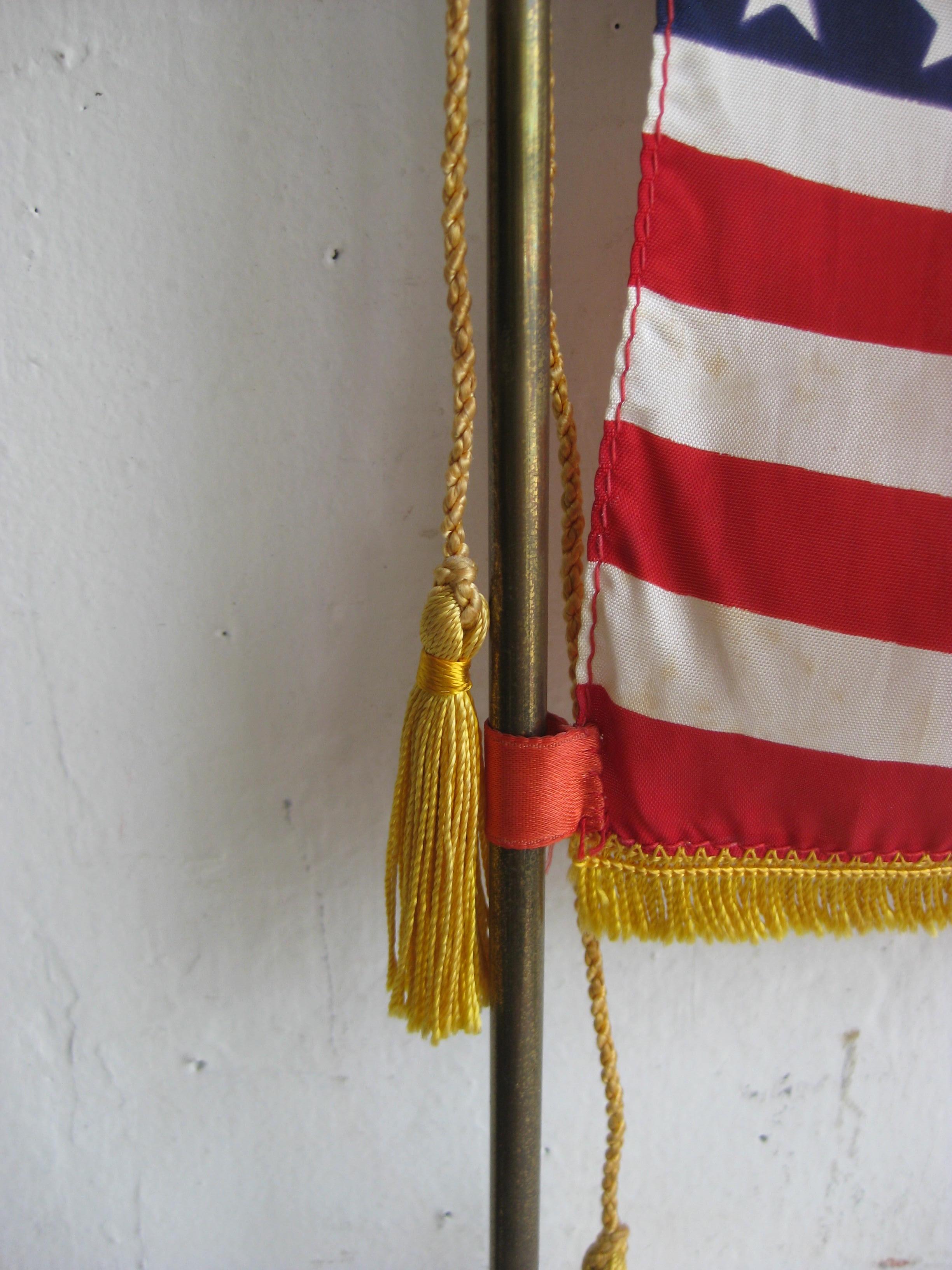 20th Century Vintage United States Military Desk 50 Star American Silk Flag on Brass Flagpole