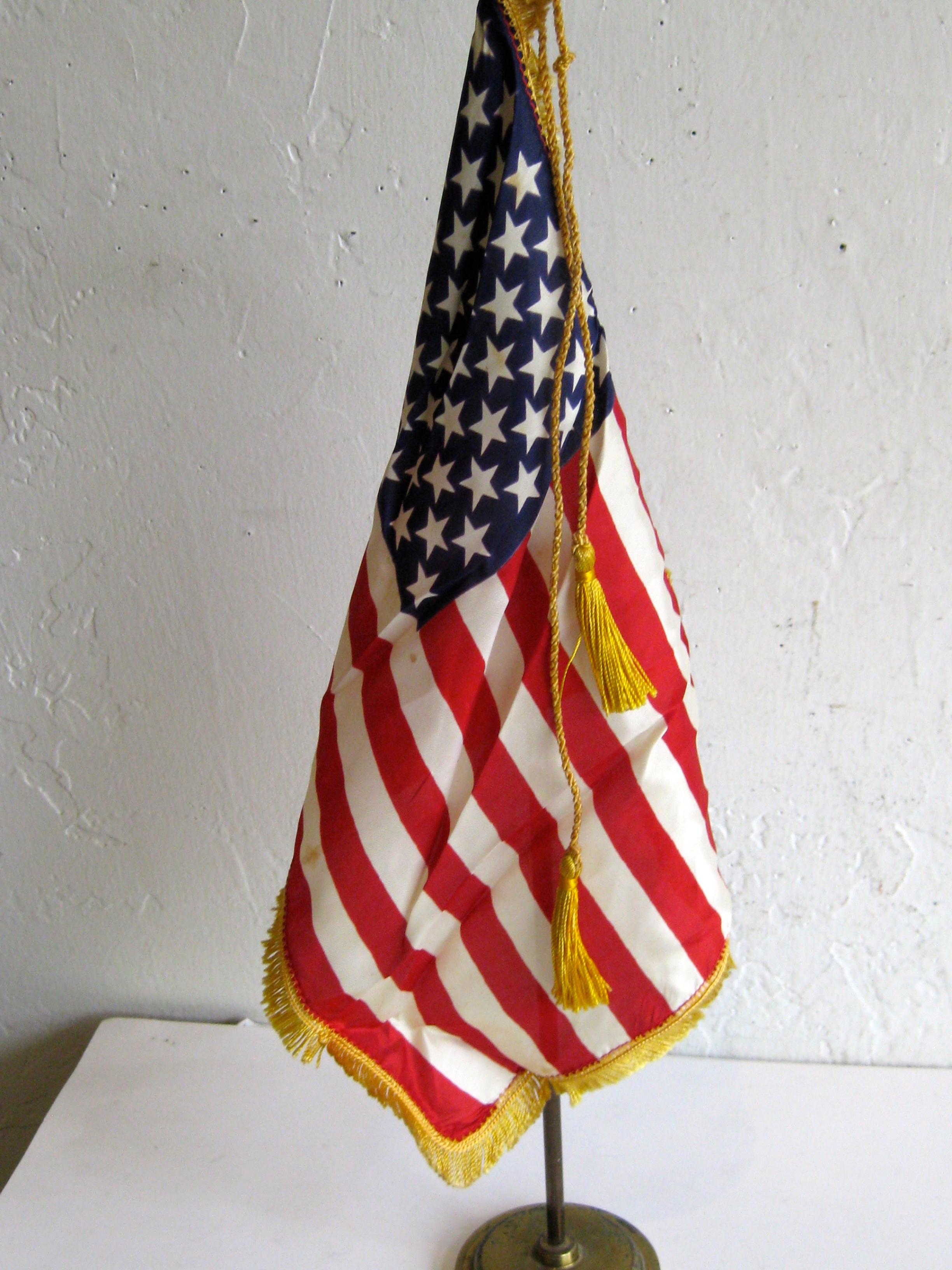 Vintage United States Military Desk 50 Star American Silk Flag on Brass Flagpole 4