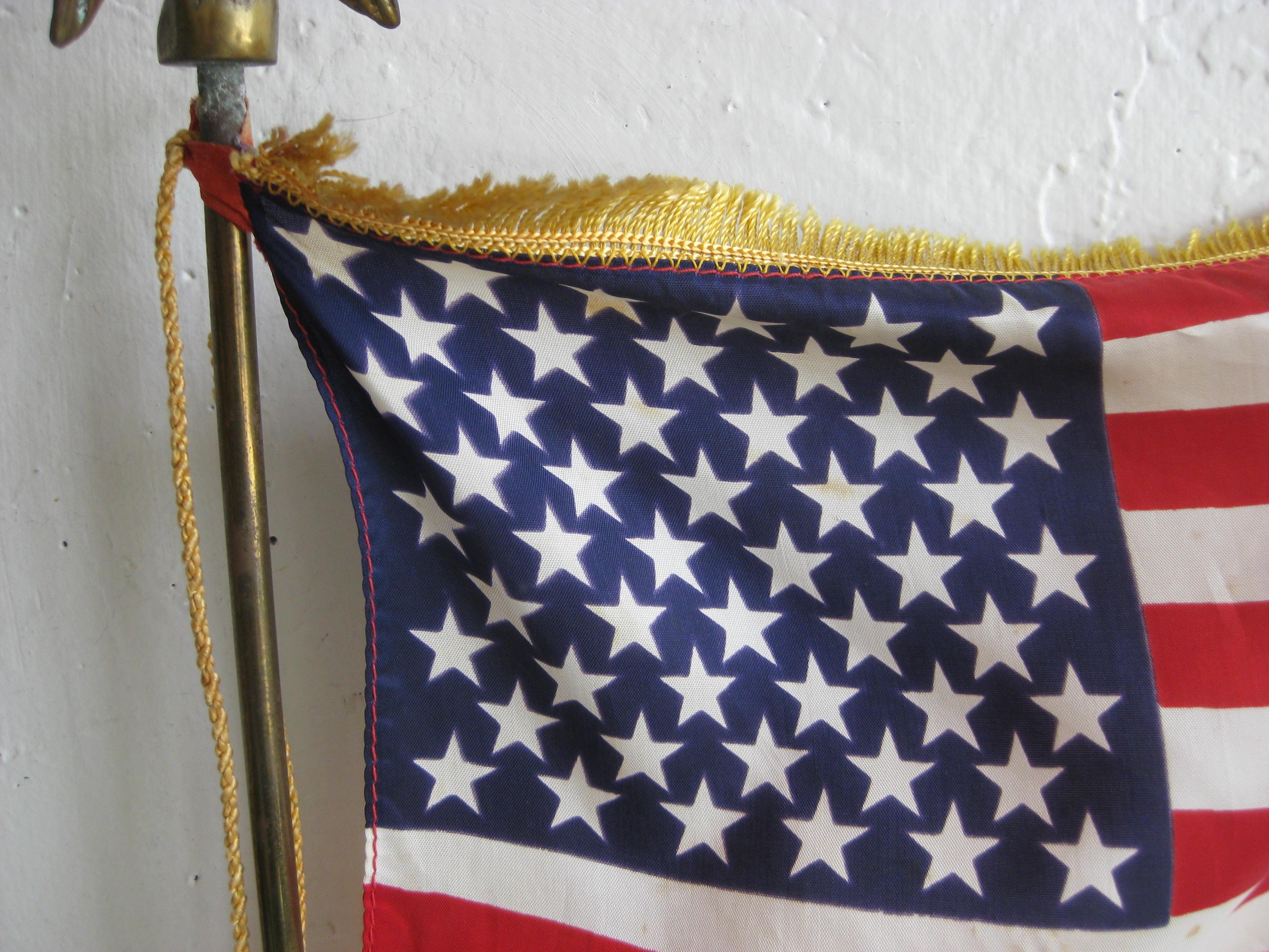 Vintage United States Military Desk 50 Star American Silk Flag on Brass Flagpole 2