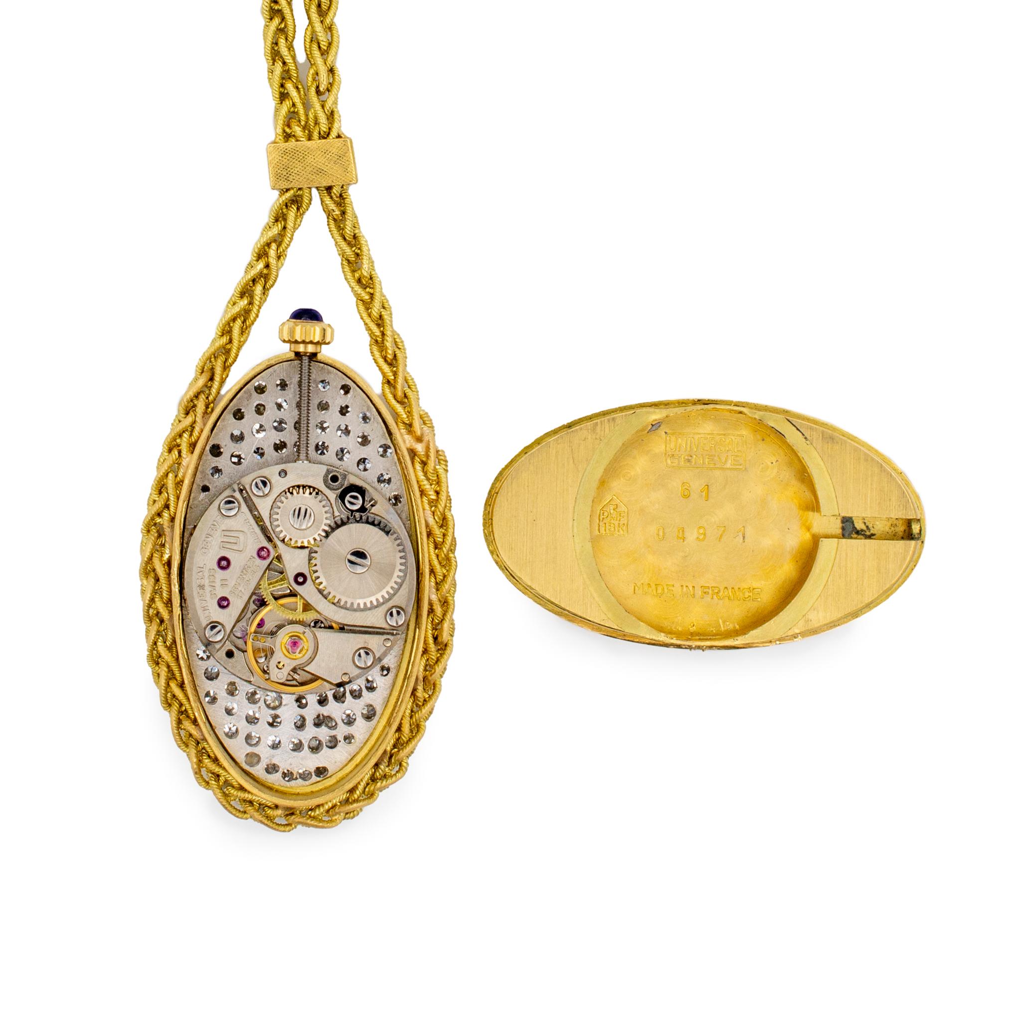 Vintage Universal Geneve 04971 18K Yellow Gold Diamond Watch Pendant Necklace For Sale 1