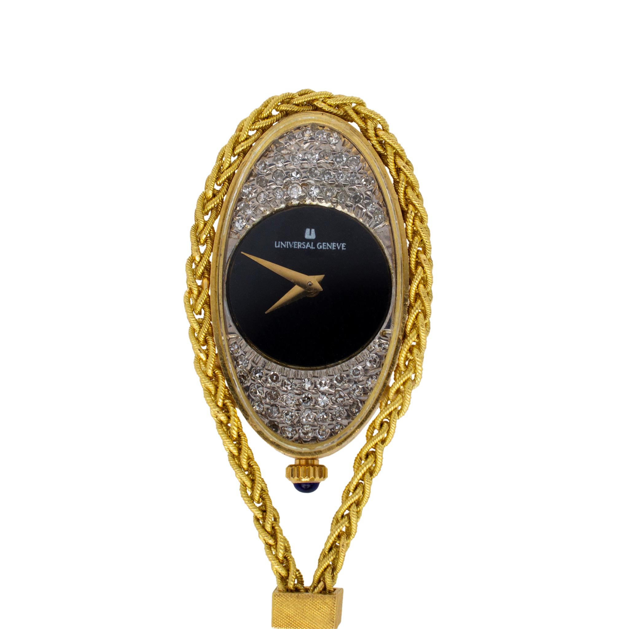 Vintage Universal Geneve 04971 18K Gelbgold Diamant-Uhr-Anhänger-Halskette, Vintage (Einfacher Schliff)