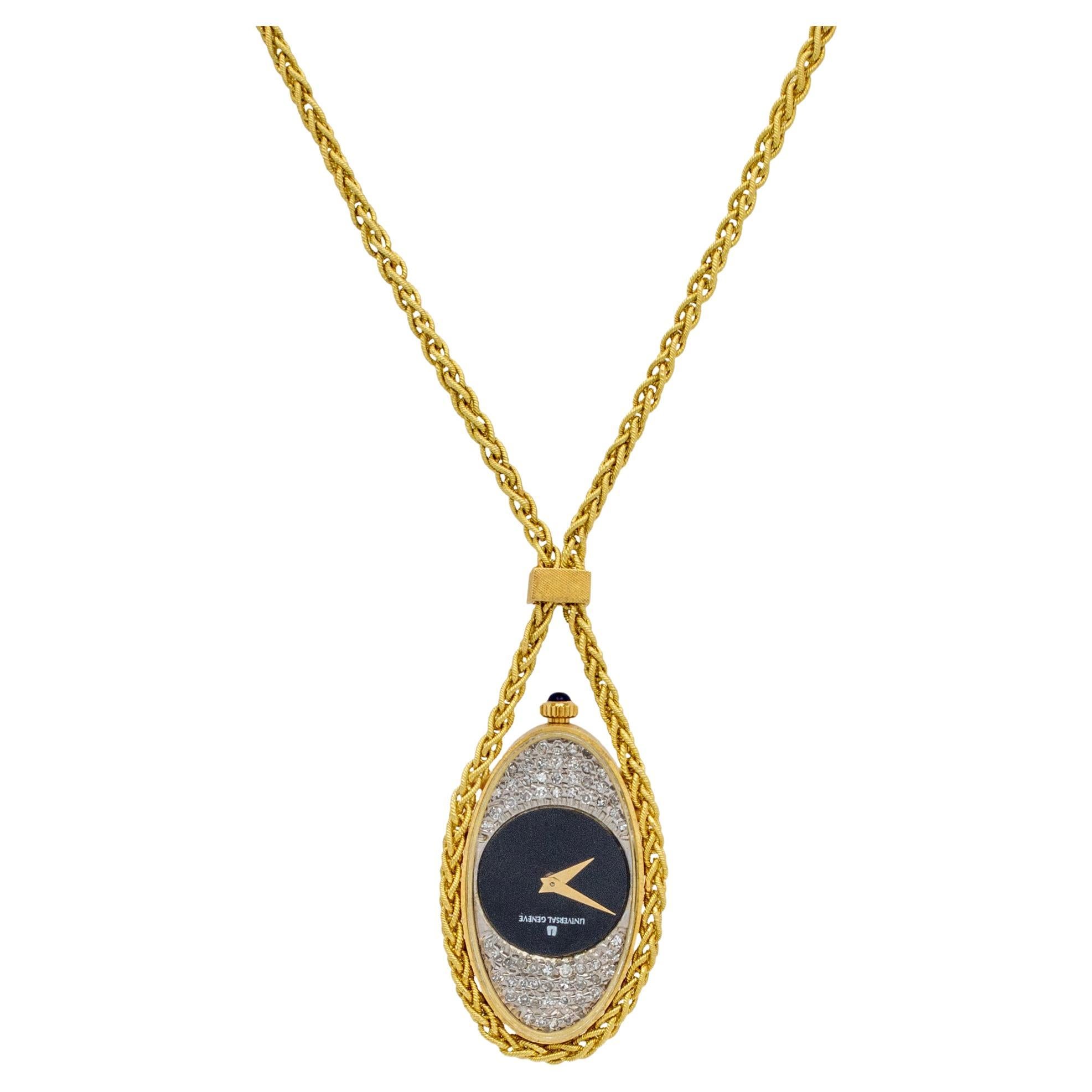 Vintage Universal Geneve 04971 18K Yellow Gold Diamond Watch Pendant Necklace For Sale