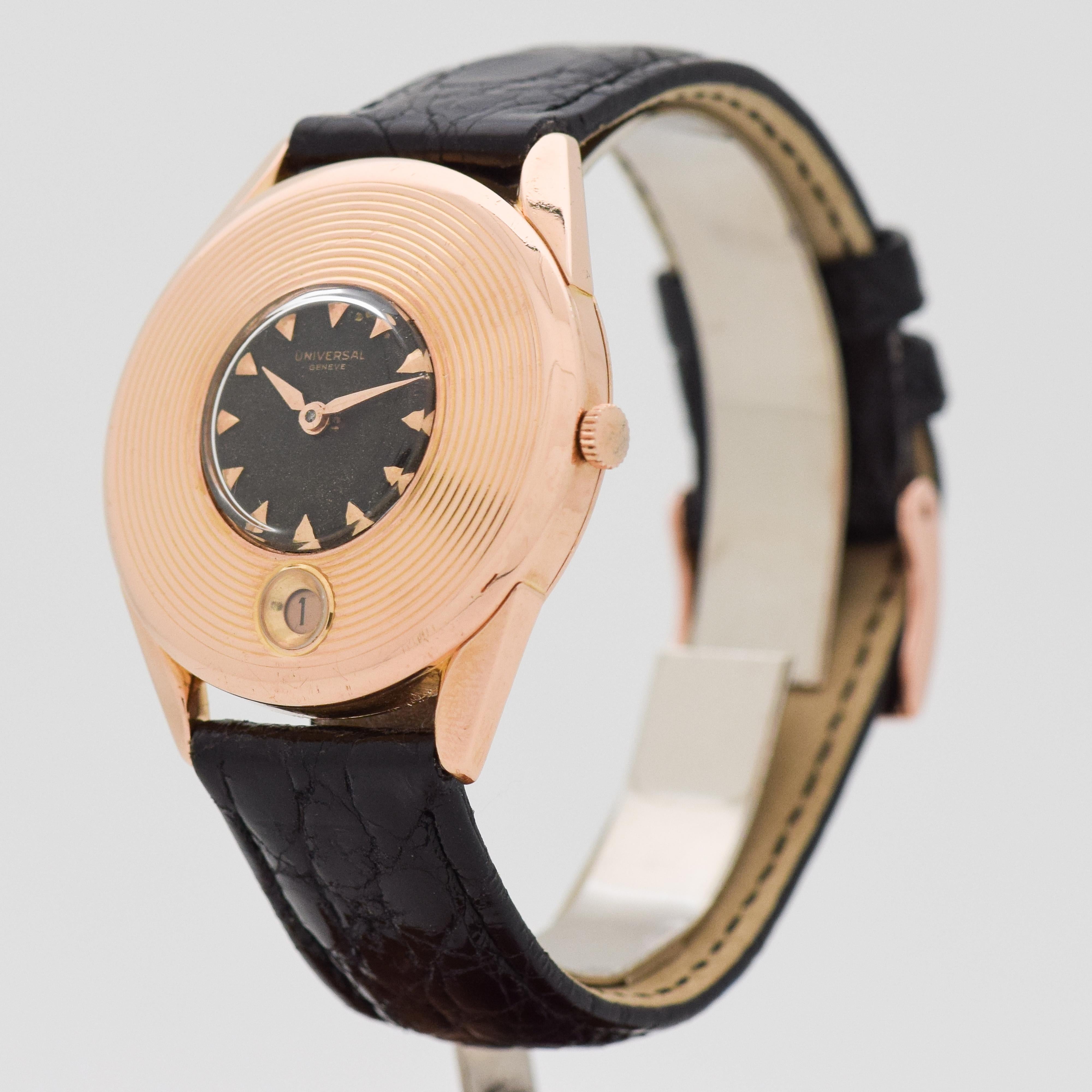 Vintage Universal Geneve 18 Karat Rose Gold Watch, 1956 In Excellent Condition For Sale In Beverly Hills, CA