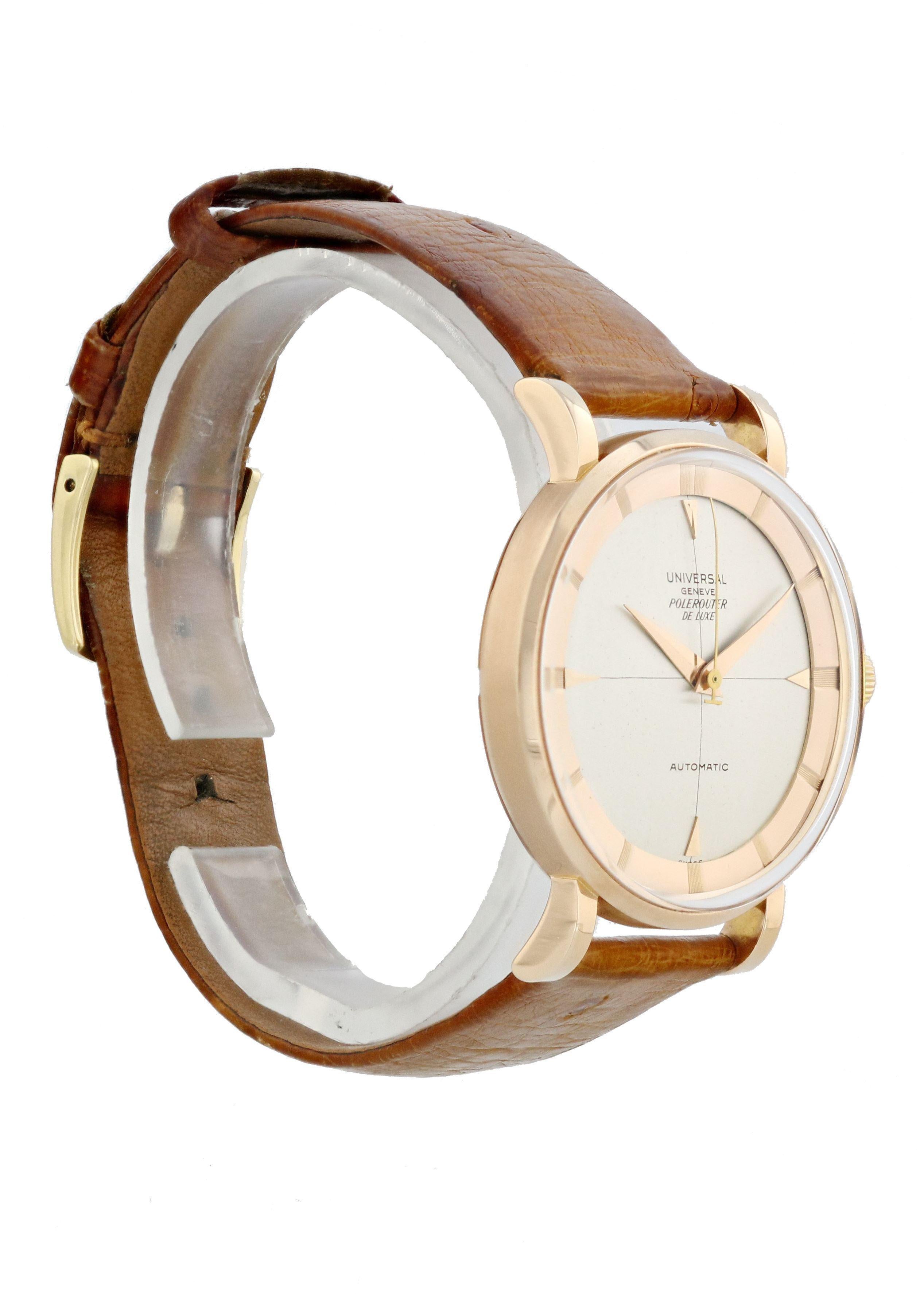 Universal Geneve Polerouter 1761323 Men Watch. 
35mm 18k Rose Gold case. 
Rose Gold None bezel. 
Rose Gold dial and hands. 
Tiffany & Co Light brown Leather Ostrich Leather with Tiffany & Co Buckle. 
Acrylic Crystal, rose gold case back.  
Automatic