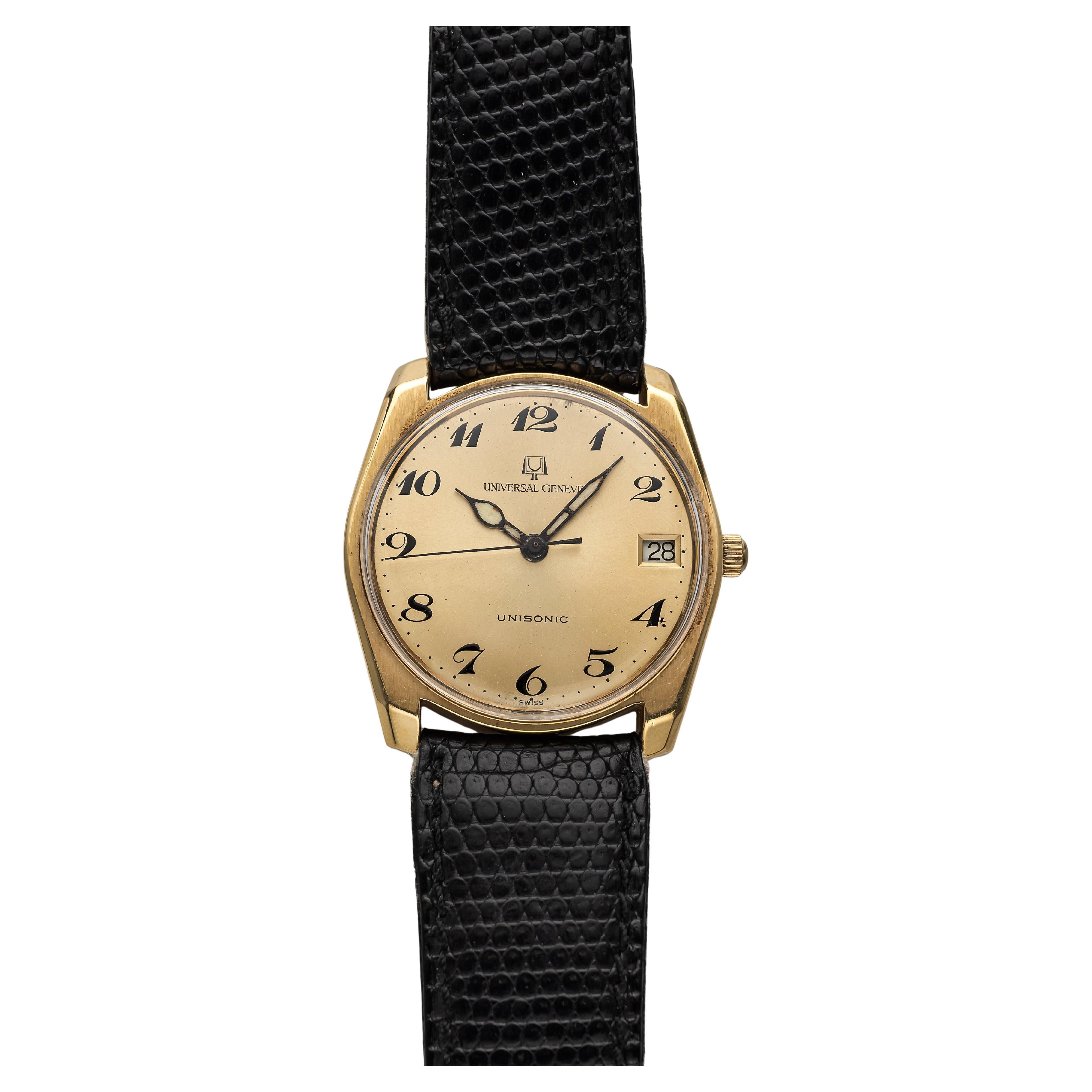 Vintage Universal Geneve Unisonic 70s Quartz Tuning Fork Champagne Numeral Dial For Sale