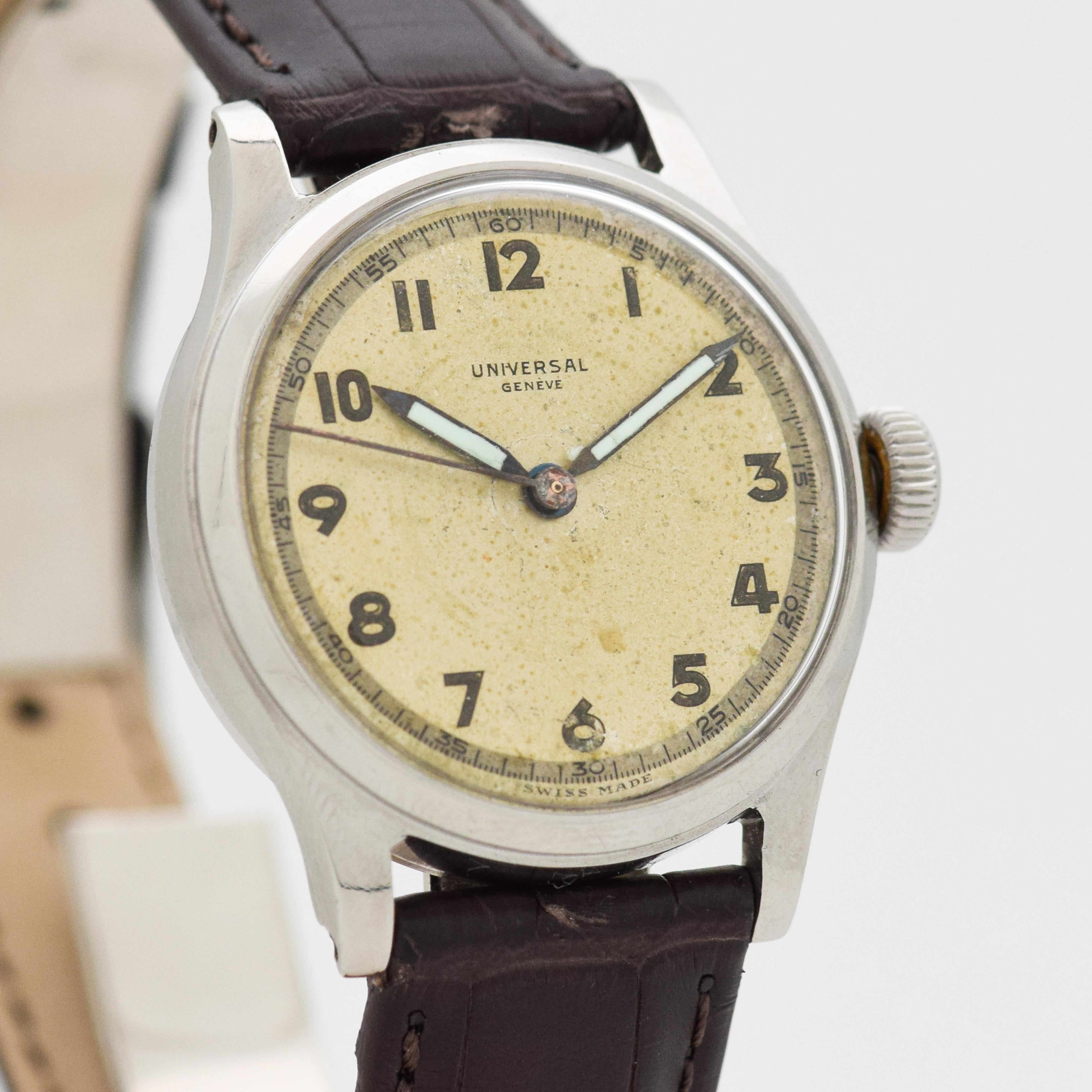 1942 Vintage Universal Geneve WWII Era and Style Enversteel watch with Original Silver Dial with Luminous Arabic Numbers. 31mm x 36mm lug to lug (1.22 in. x 1.42 in.) - 17 jewel, manual caliber movement. Triple Signed. 