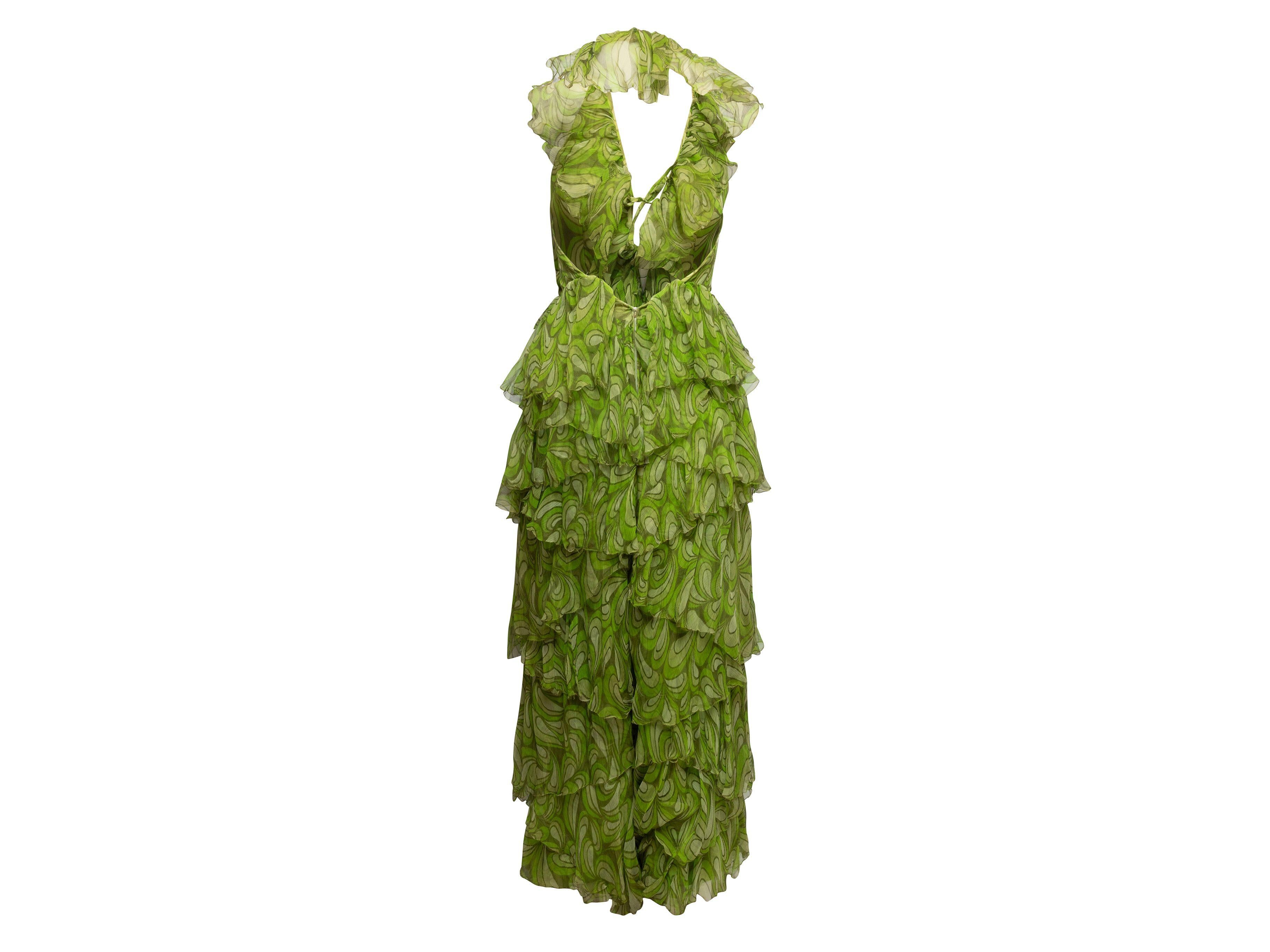 Vintage Unlabeled green silk chiffon halter jumpsuit In Excellent Condition In New York, NY
