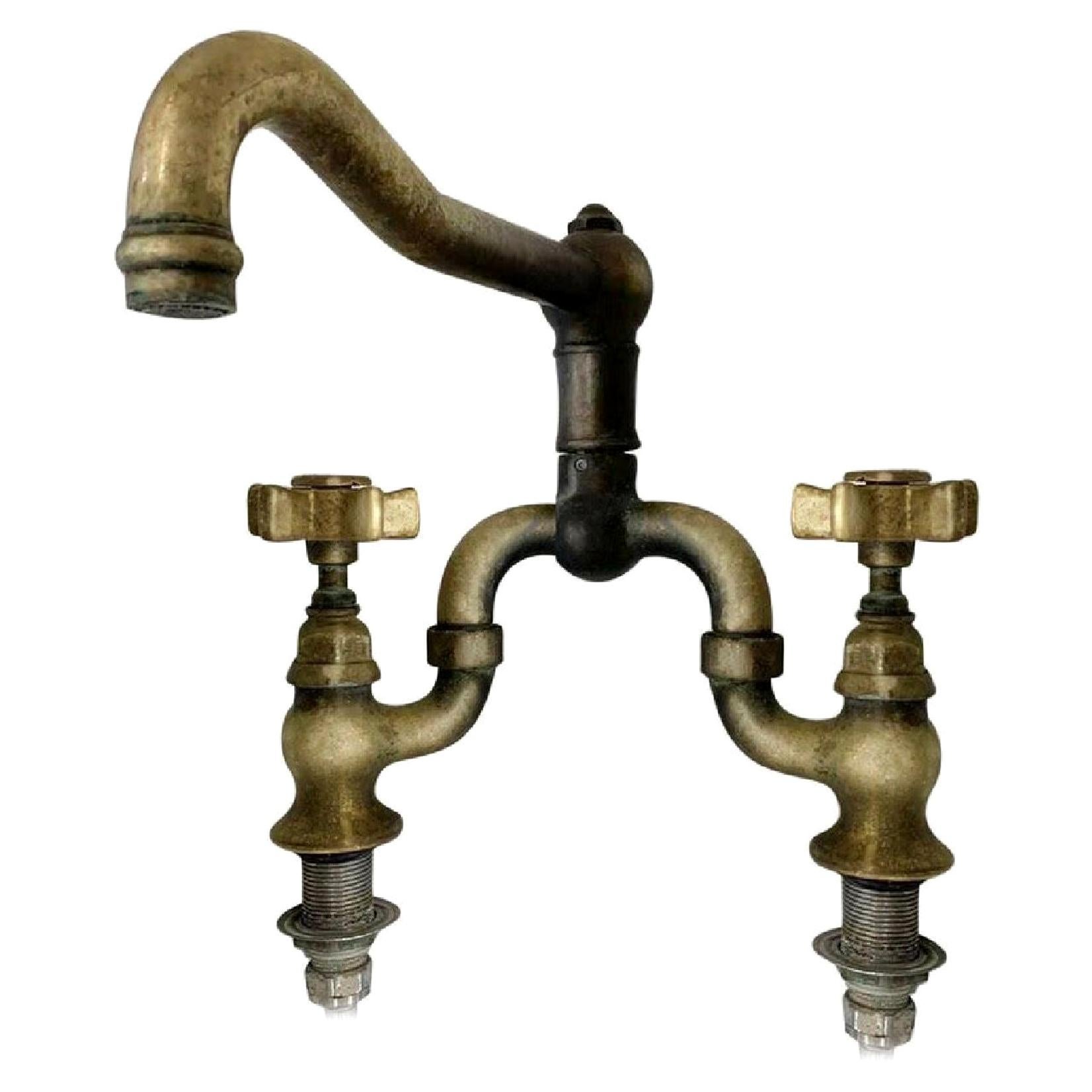 Vintage Unlaquered Brass Italian Country Bridge Faucet by Rohl, Living Finish
