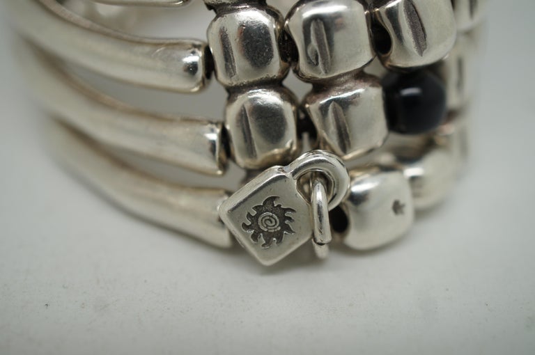 Vintage Uno De 50 Silver and Black Wide Beaded Stretch Cuff Bracelet Bangle  For Sale at 1stDibs