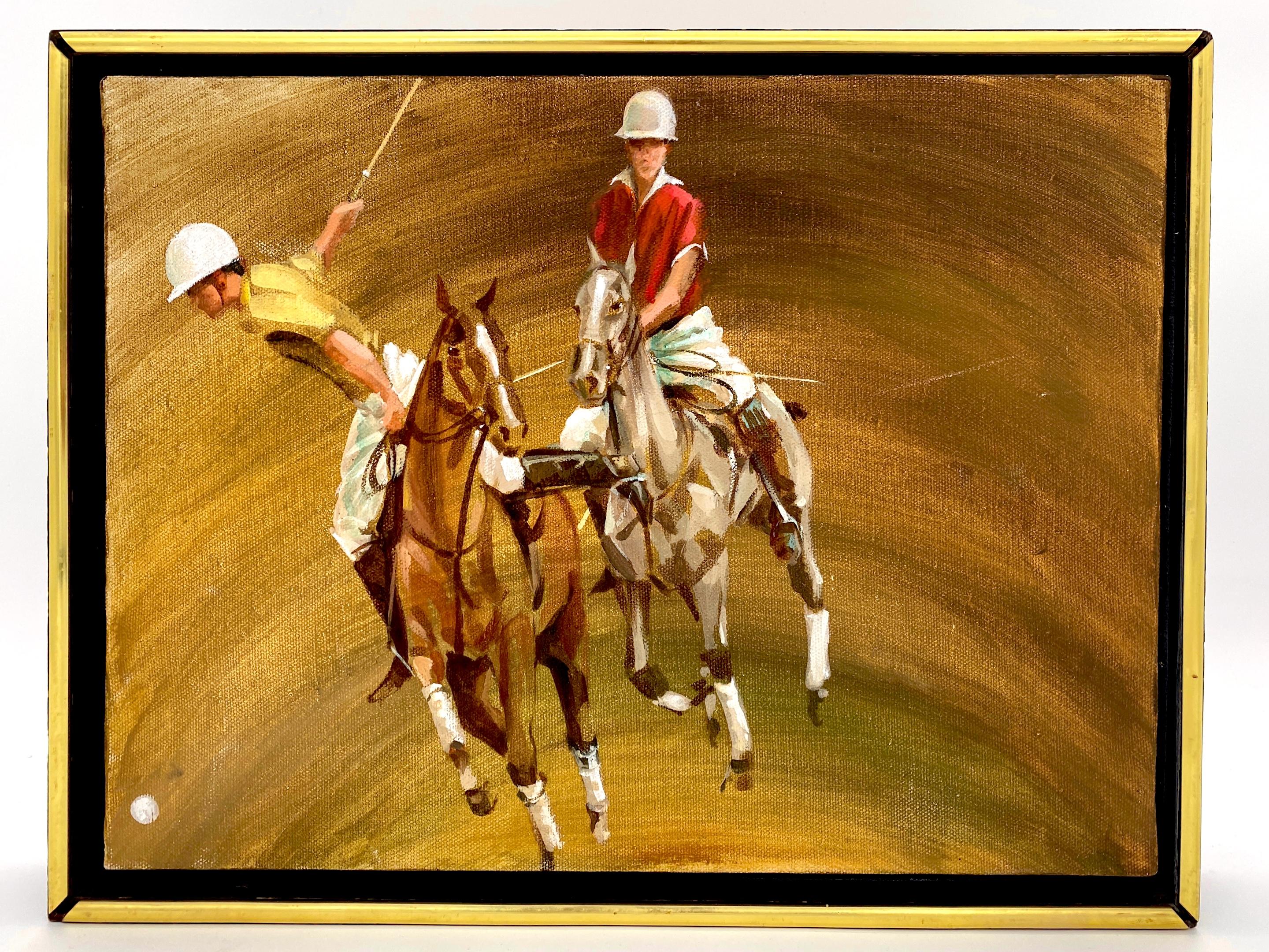 Vintage Unsigniertes Pologemälde der amerikanischen Schule, unsigniert, ca. 1970er Jahre 

Tauchen Sie ein in das nostalgische Ambiente der amerikanischen Malerschule der 1970er Jahre mit diesem unsignierten Polo-Gemälde. Dieses fesselnde Kunstwerk