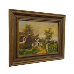 Vintage Unsigned Cottage Landscape Oil Painting – Framed Countryside Scene.