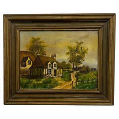 Vintage Unsigned Cottage Landscape Oil Painting – Framed Countryside Scene.