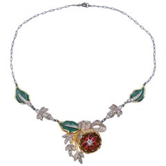 Vintage Unsigned Enamel Flower Necklace With Rhinestones 1940
s