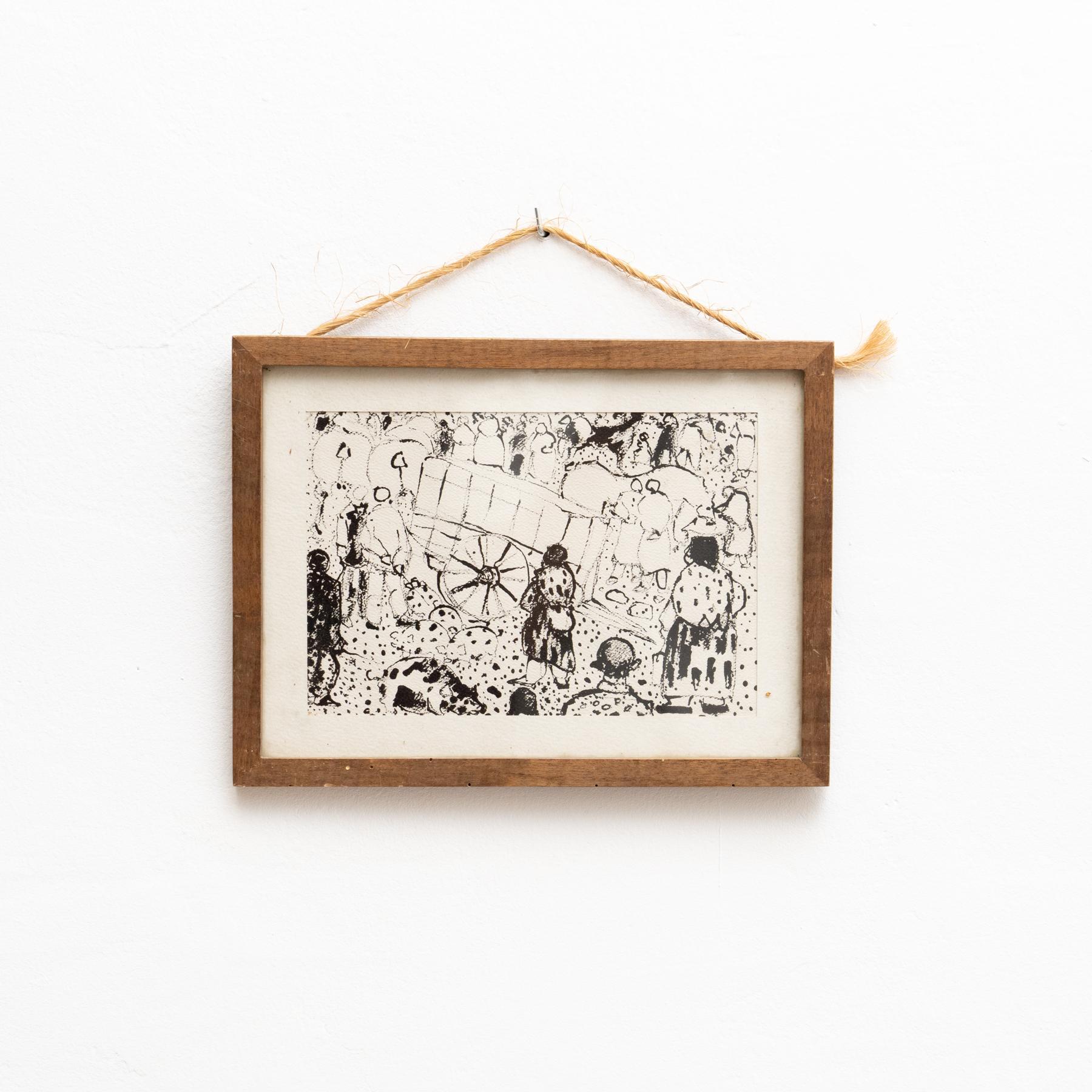 Vintage framed artwork, made by unknown artist.    Made in France, circa 1920.    In original condition, with minor wear consistent with age and use, preserving a beautiful patina.     Materials:  Paper  Wood.    