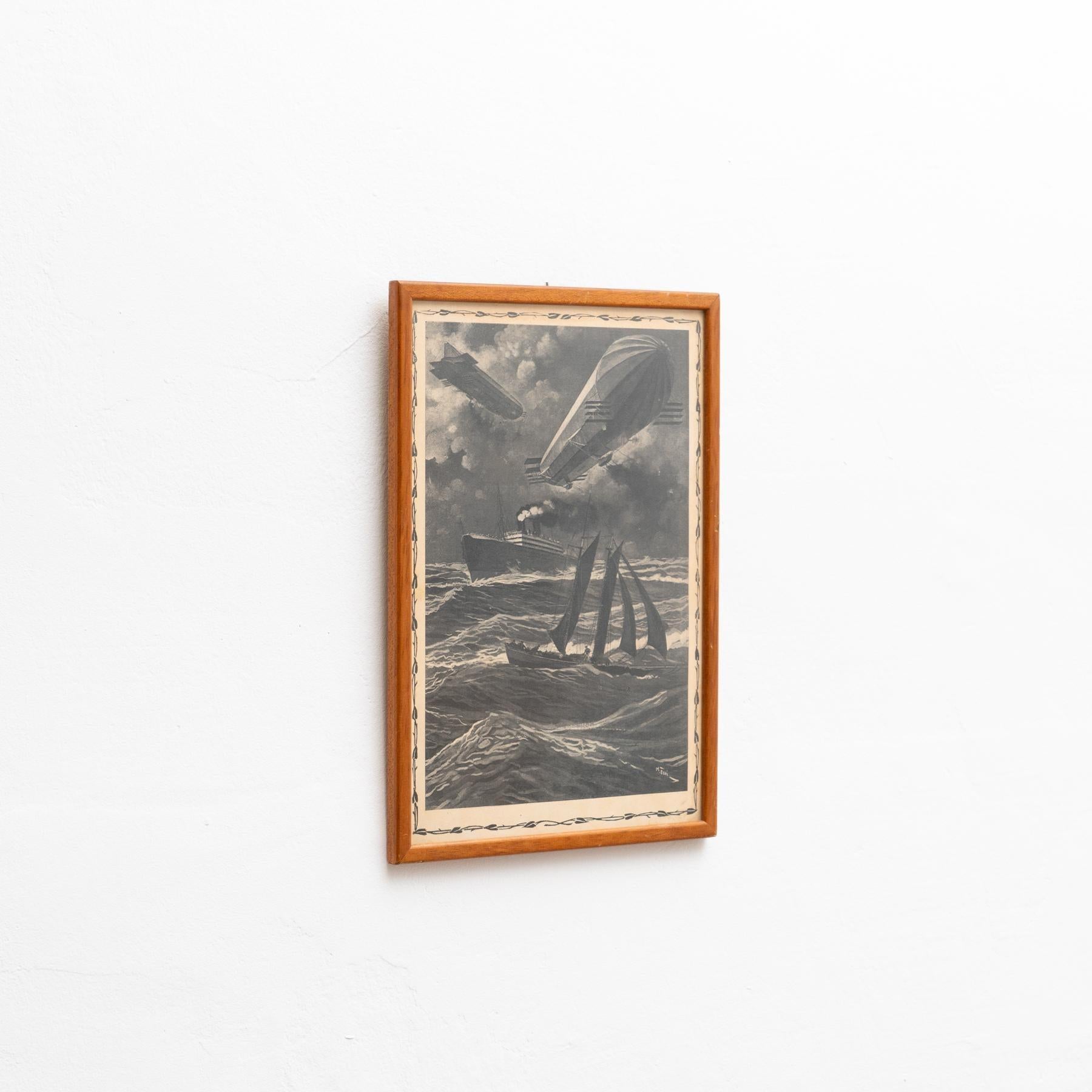Mid-Century moderno Opera d'arte vintage non firmata con cornice, circa 1950 in vendita