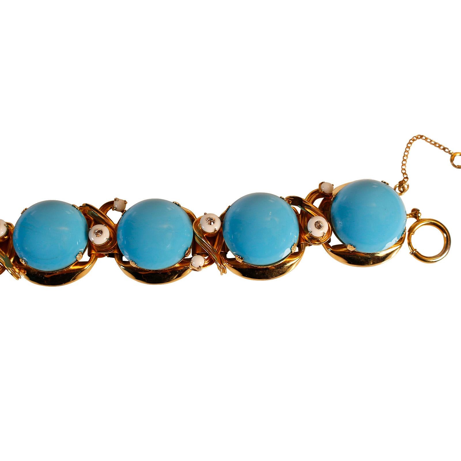 Vintage Unsigned Gold and Faux Turquoise Bracelet Circa 1960s For Sale 5